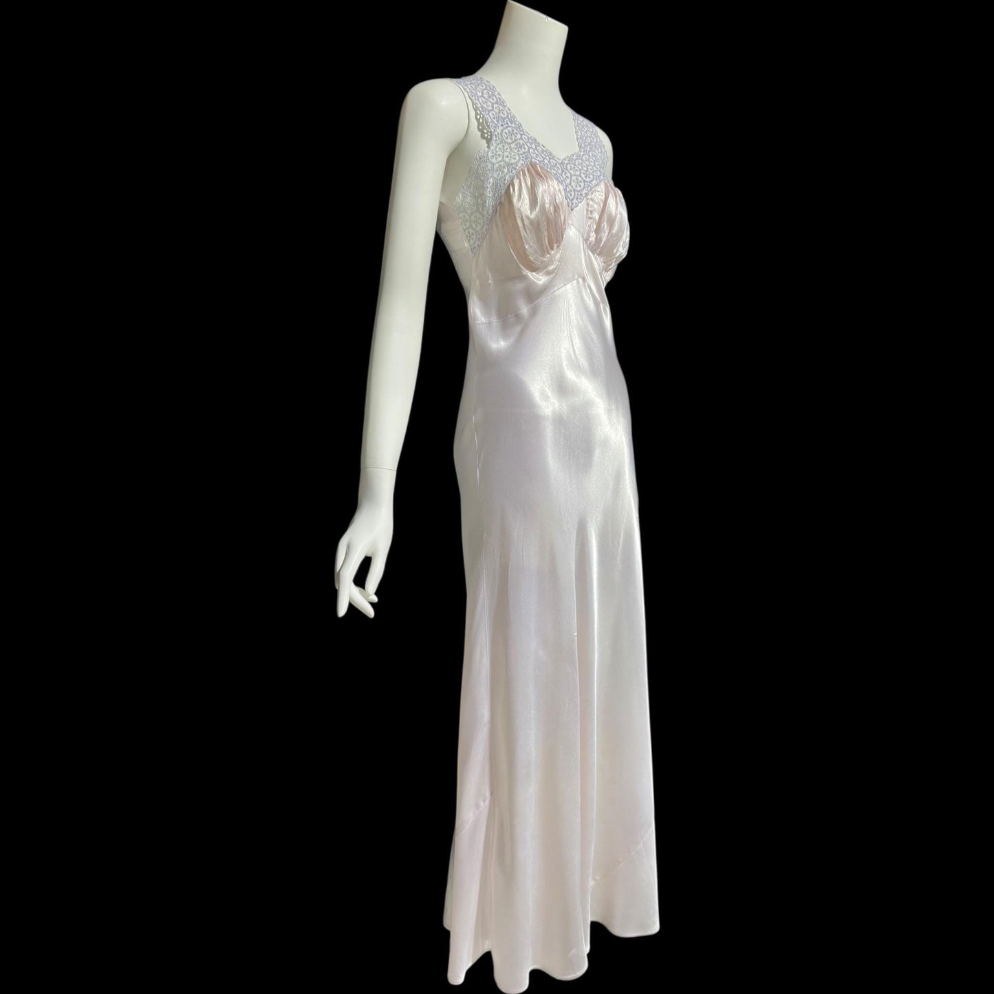 1940s vintage Nightgown slip dress, Shiny bias cut lavender night dress, full length with blue eyelet lace