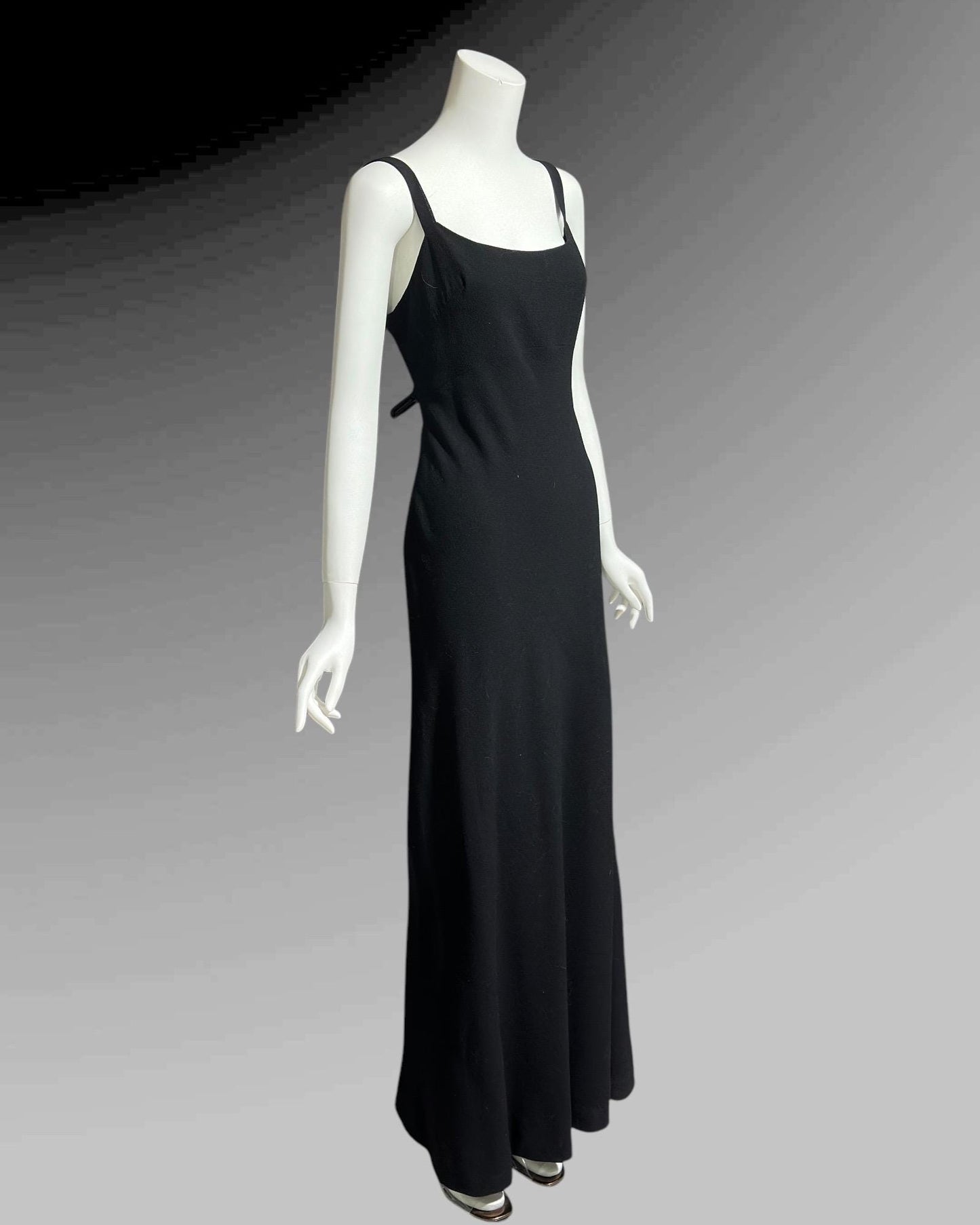 PAULINE TRIGERE, vintage 1980s evening dress, Black crepe sheath slip dress