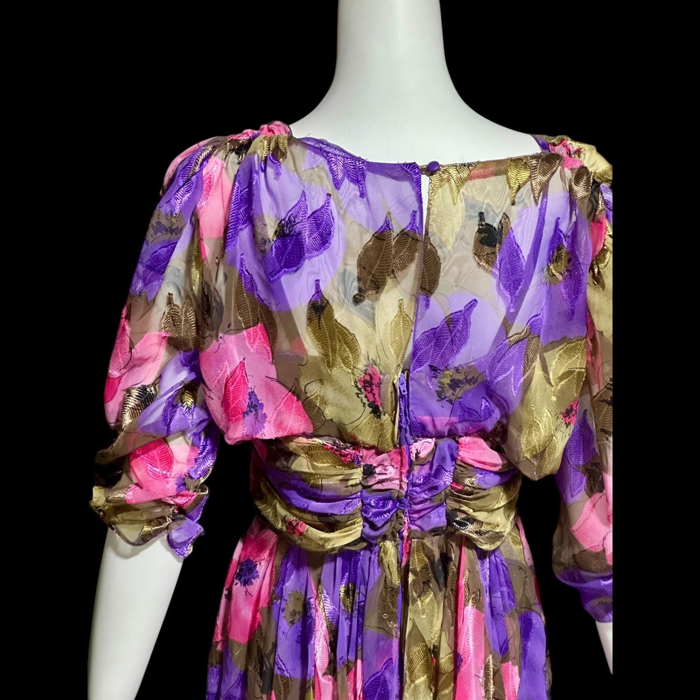 FRANK USHER LONDON, vintage 1980s evening dress, jewel tone floral chiffon with gold metallic