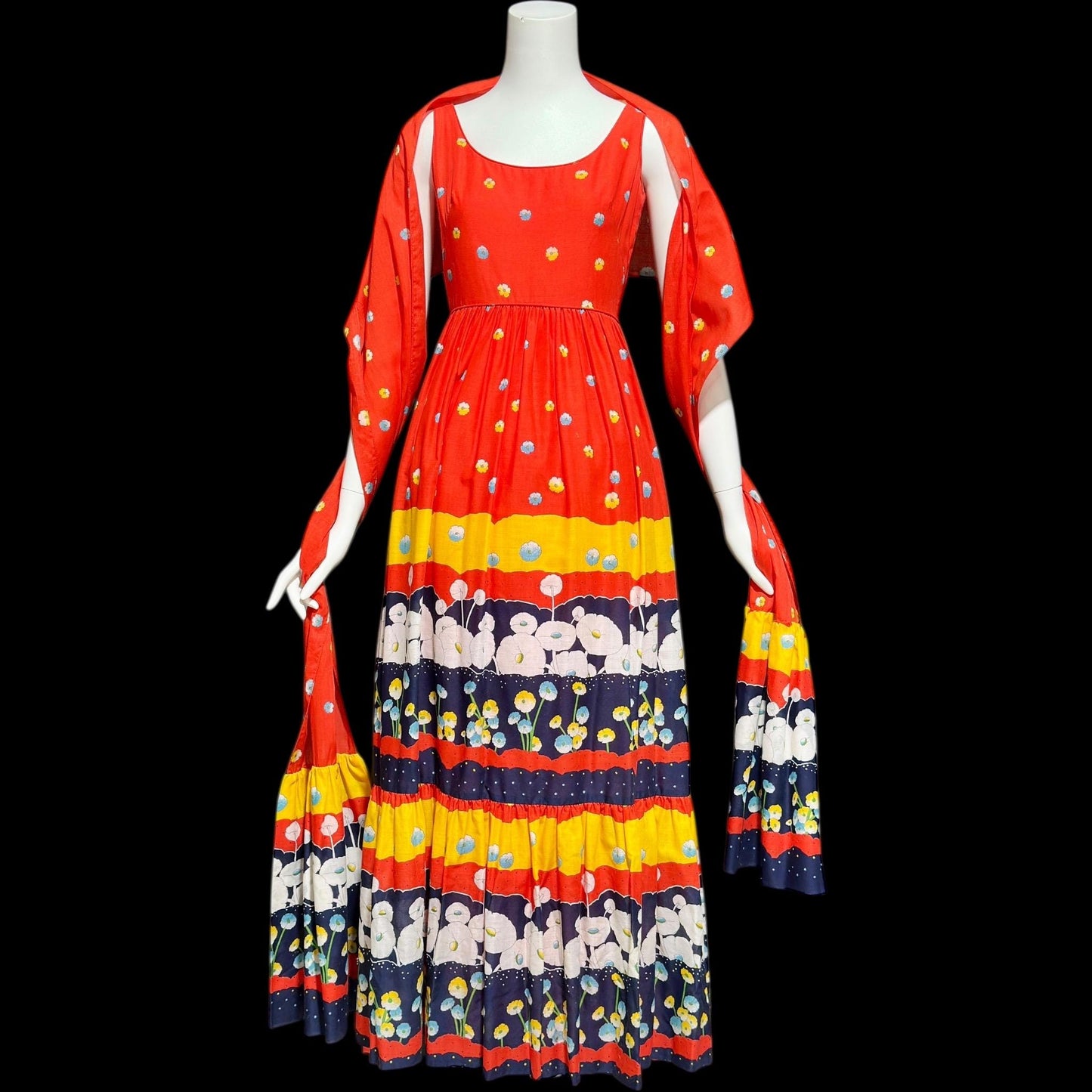 SHANNON ROGERS Jerry Silverman, vintage 1960s floral evening sundress, Border print w/ matching shawl