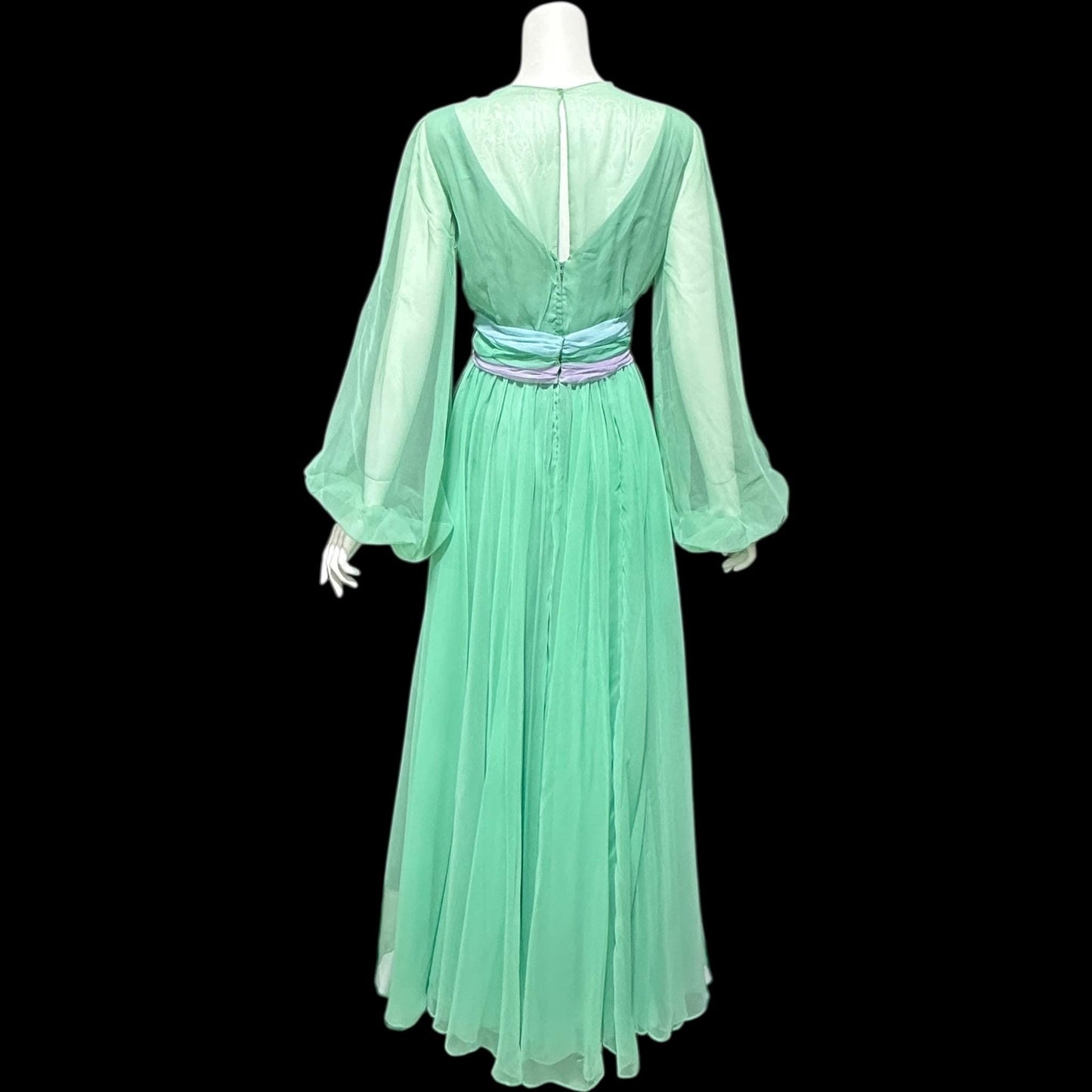 HELEN ROSE, vintage 1970s evening dress, ethereal pastel chiffon green, blue, lavender, sheer chiffon blouson bishop sleeves dress