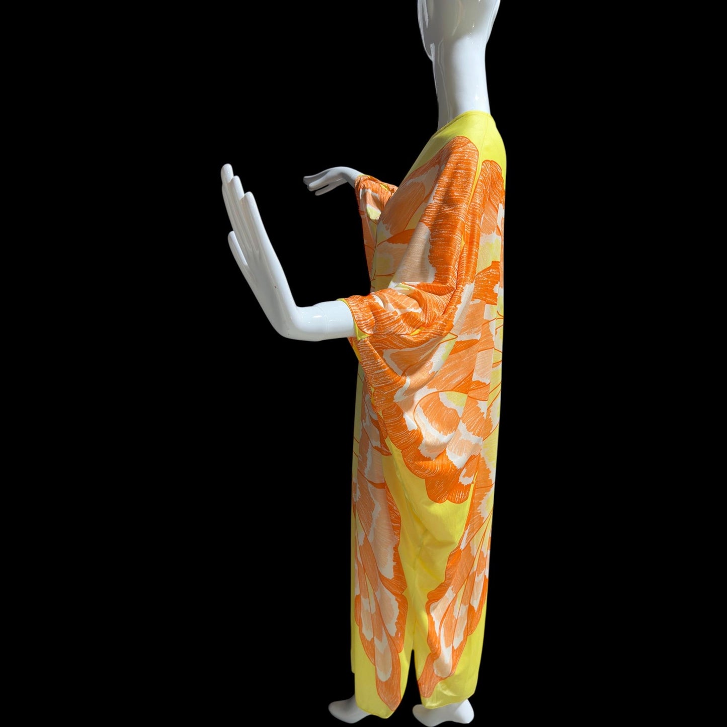 1970s Vintage butterfly caftan dress, Yellow and orange nylon butterfly motif loose house party dress