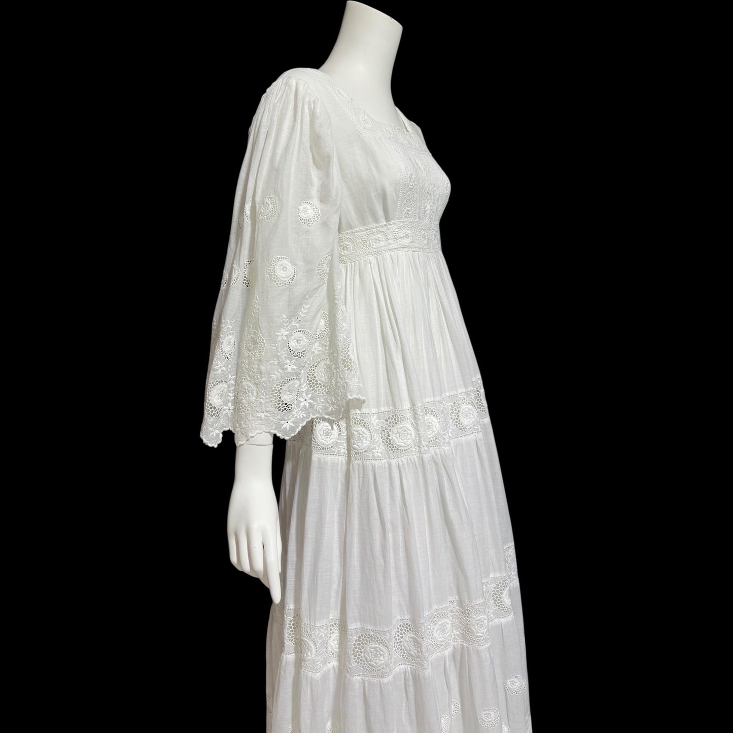 1970s Mexican Wedding dress, White batiste cotton embroidered empire ball gown
