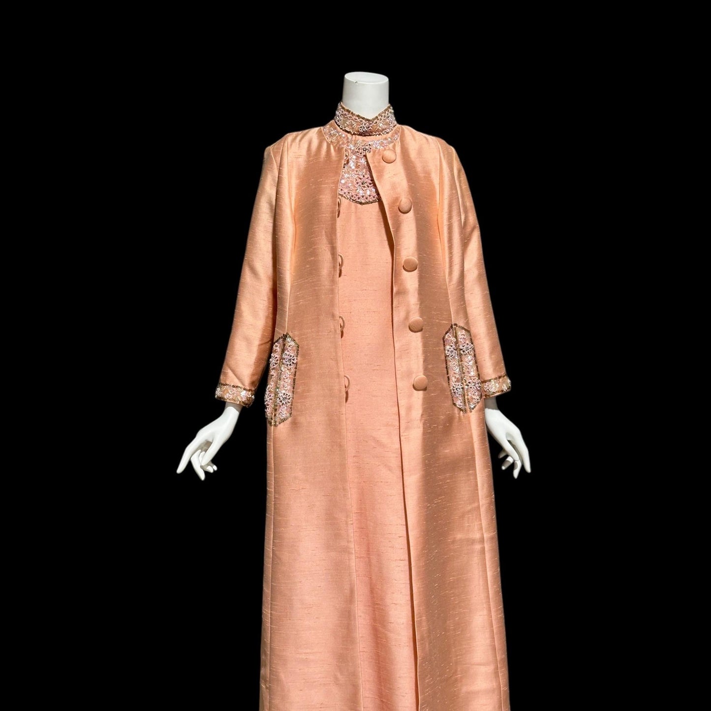 SMART MISS Vintage 1960s evening gown and opera coat ensemble, Peach raw silk high neck beaded mod column dress and duster