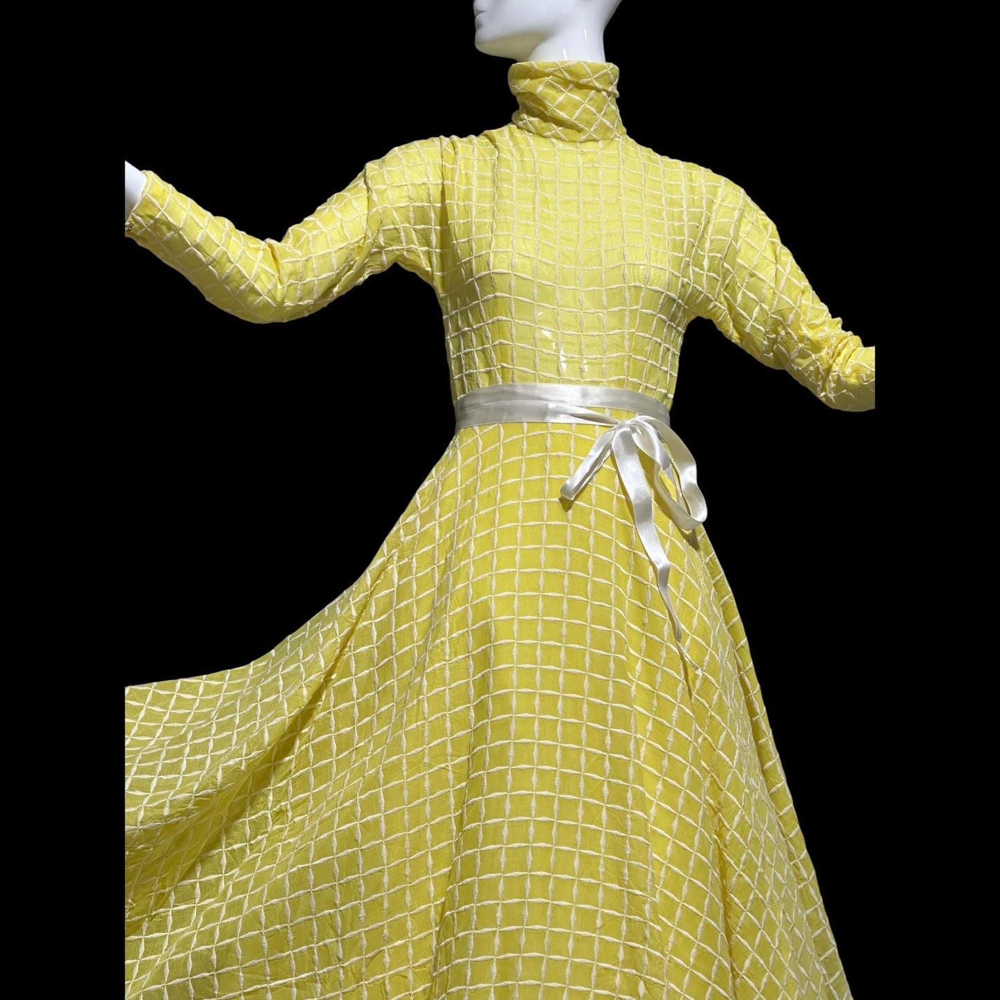 LILLIE RUBIN vintage 1970s evening dress gown, lemon yellow windowpane plaid ball gown