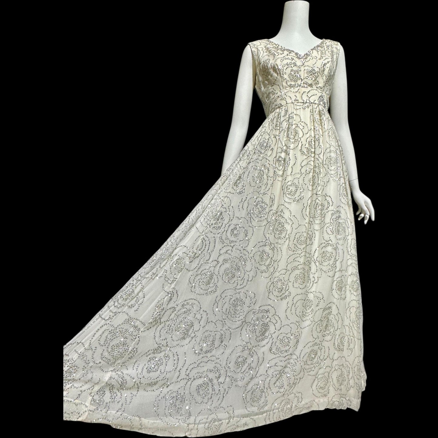 1960s vintage evening dress gown, white chiffon with sparkly silver rose sequins wedding bridal gown