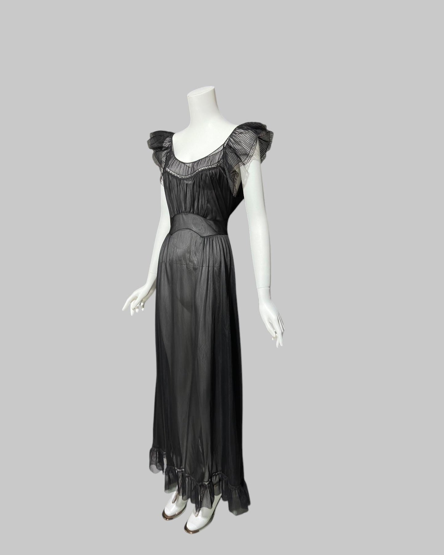 KAYSER vintage 1950s nightgown slip dress, ethereal sheer black chiffon and lace micro pleat gown