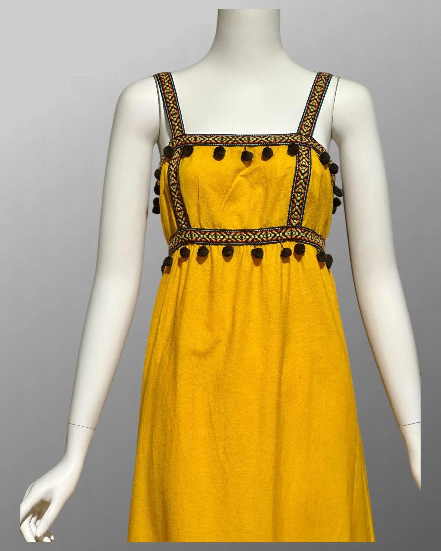 1970s vintage Mango Yellow Cotton Casual Sundress with Pom Poms