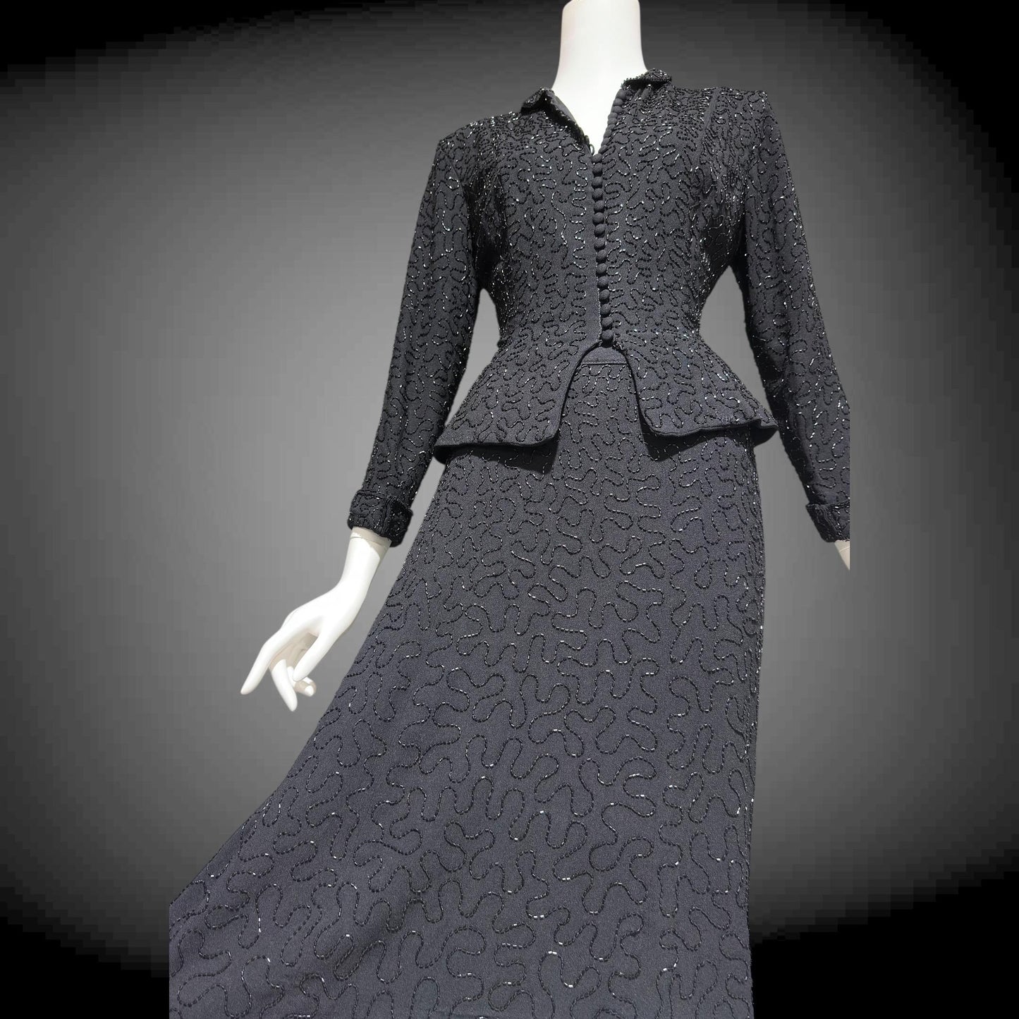 CEIL CHAPMAN vintage 1940s Beaded Evening Suit, Black crepe Cocktail Skirt and Jacket set