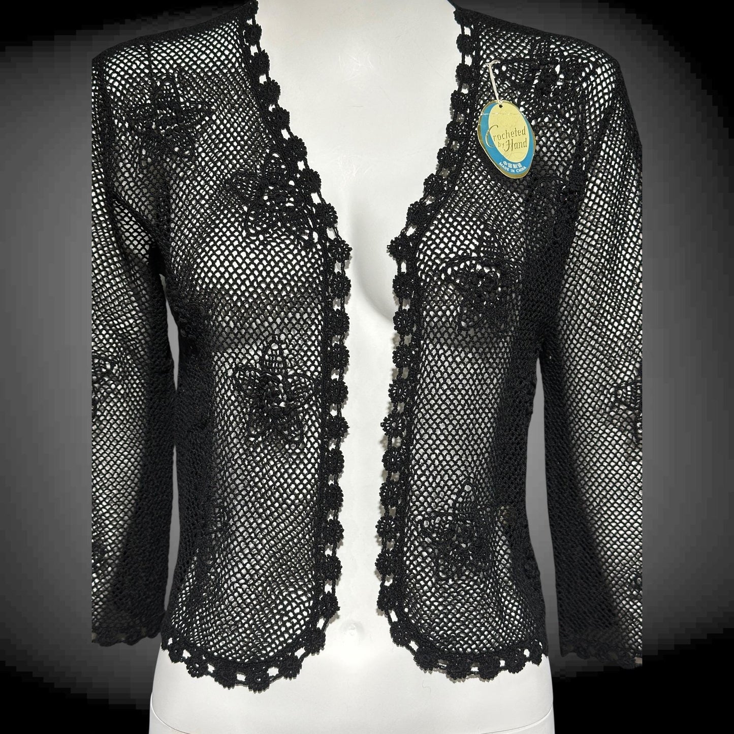 1950s vintage crochet cardigan, black 100% cotton Hand Made Shanghai cropped sweater