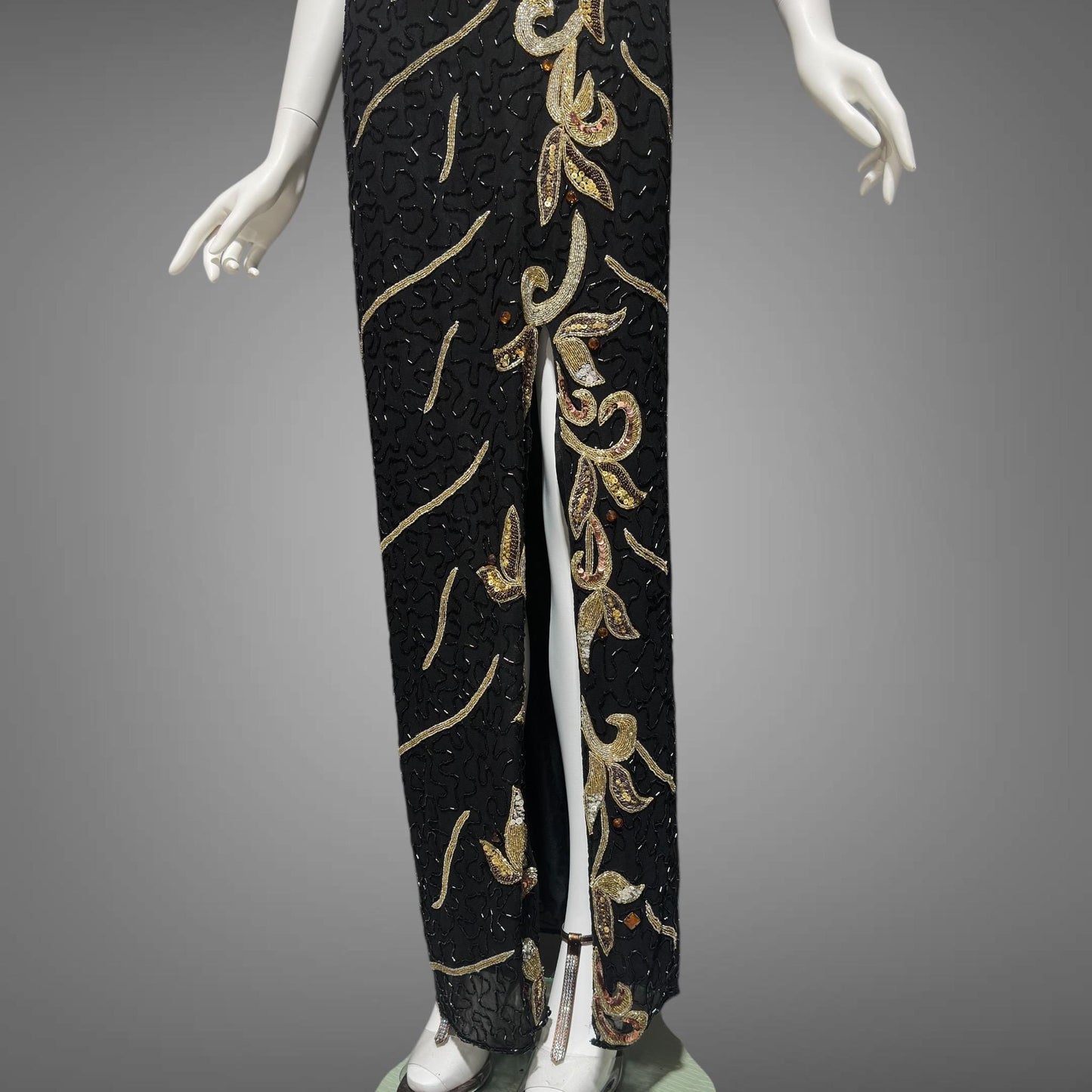 J REYNOLDS DESIGNS, vintage 1990s evening gown, Deadstock Black Beaded Halter Prom slip dress
