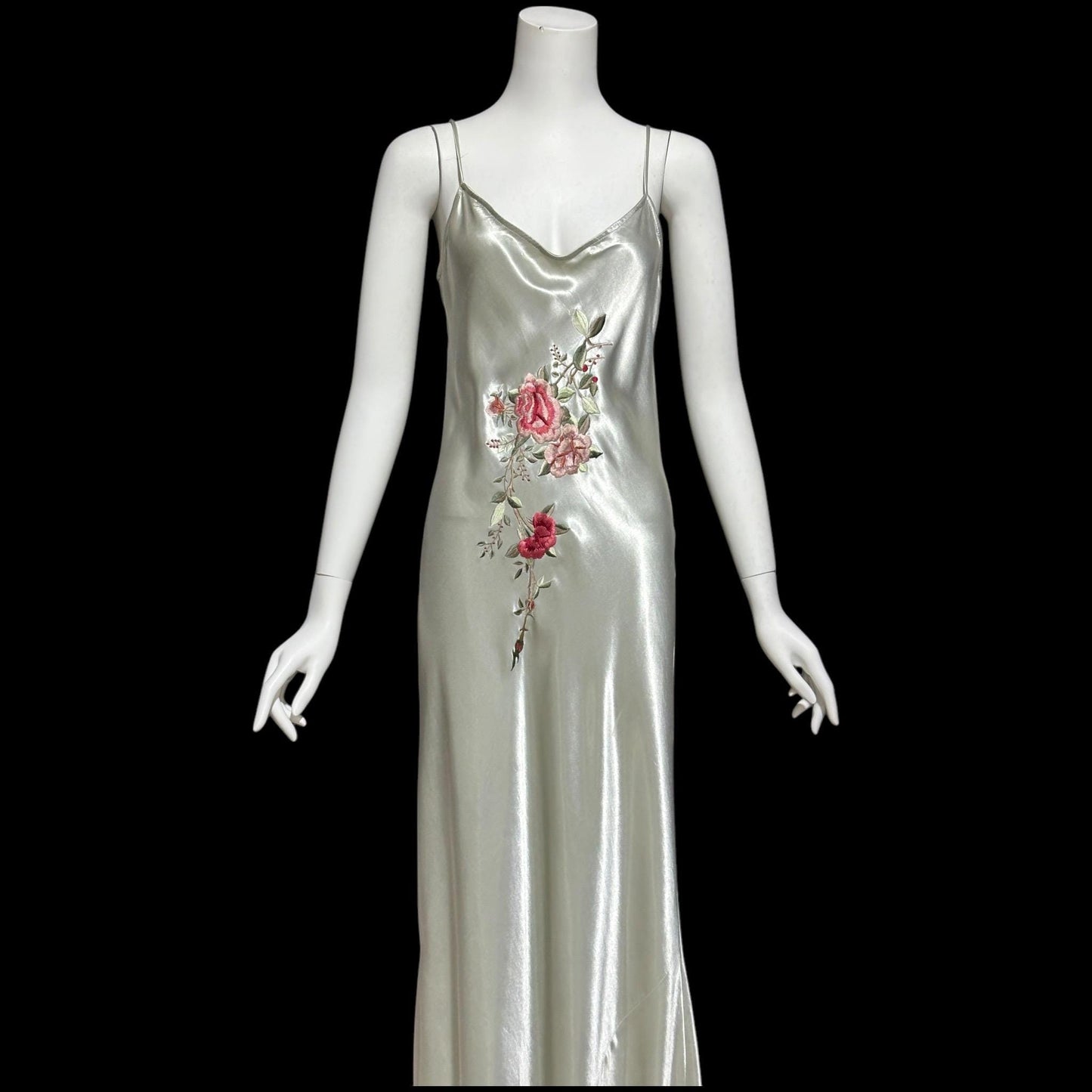 BONNIE STRAUSS, vintage 1990s slip dress, shiny satin bias cut sheath embroidered gown, 1940s style gown