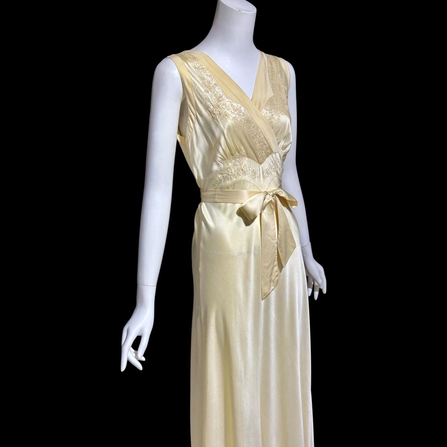 1940s vintage Silk Nightgown slip dress, Butter yellow bias cut embroidered lace slip dress
