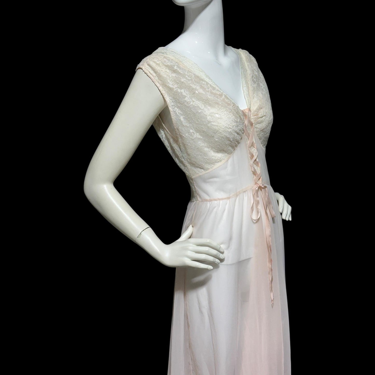 ODETTE BARSA vintage 1940s nightgown slip dress, Sheer pale pink with white lace full sweep Old Hollywood gown