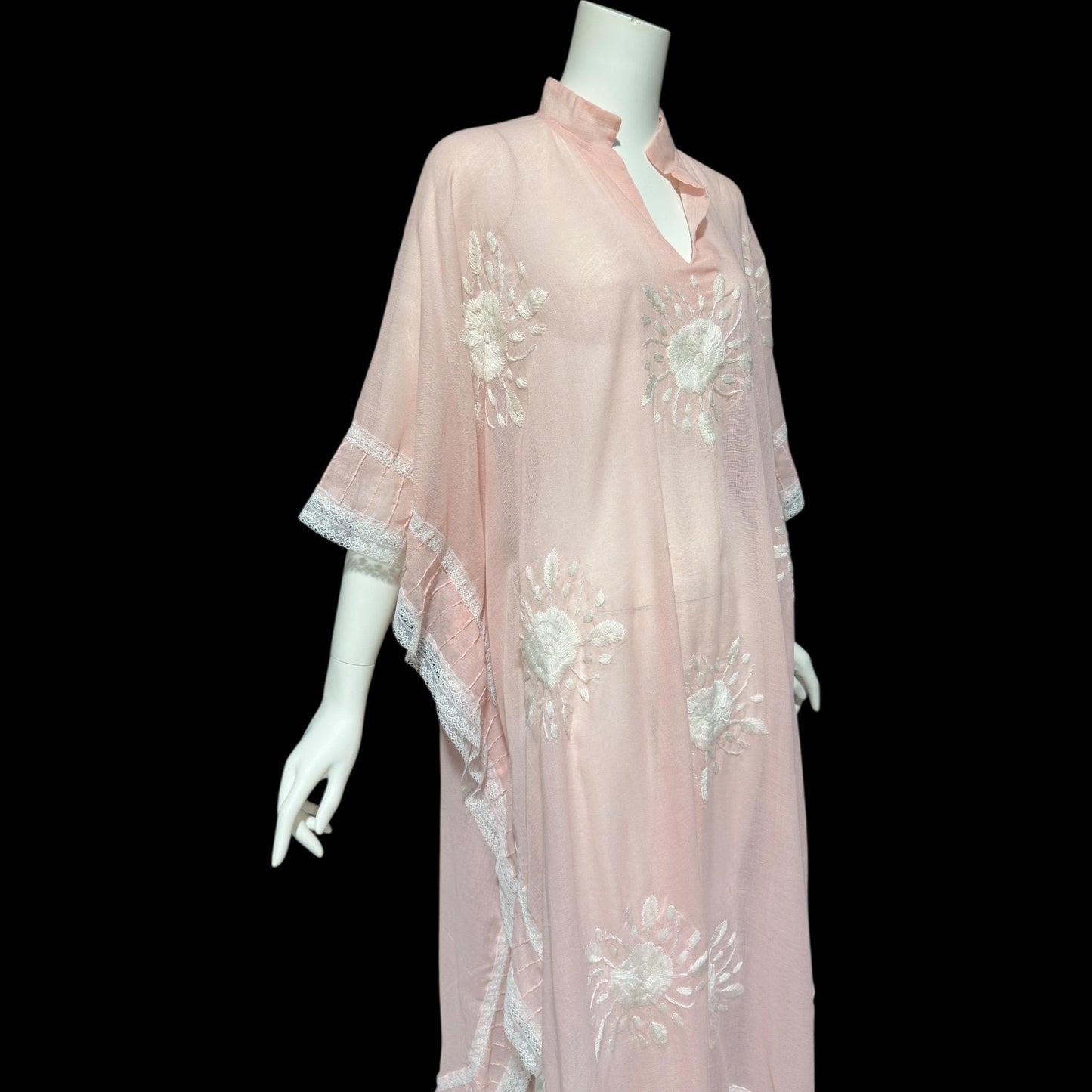 1970s Vintage sheer caftan dress, baby pink cotton poly blend with white embroidered flowers