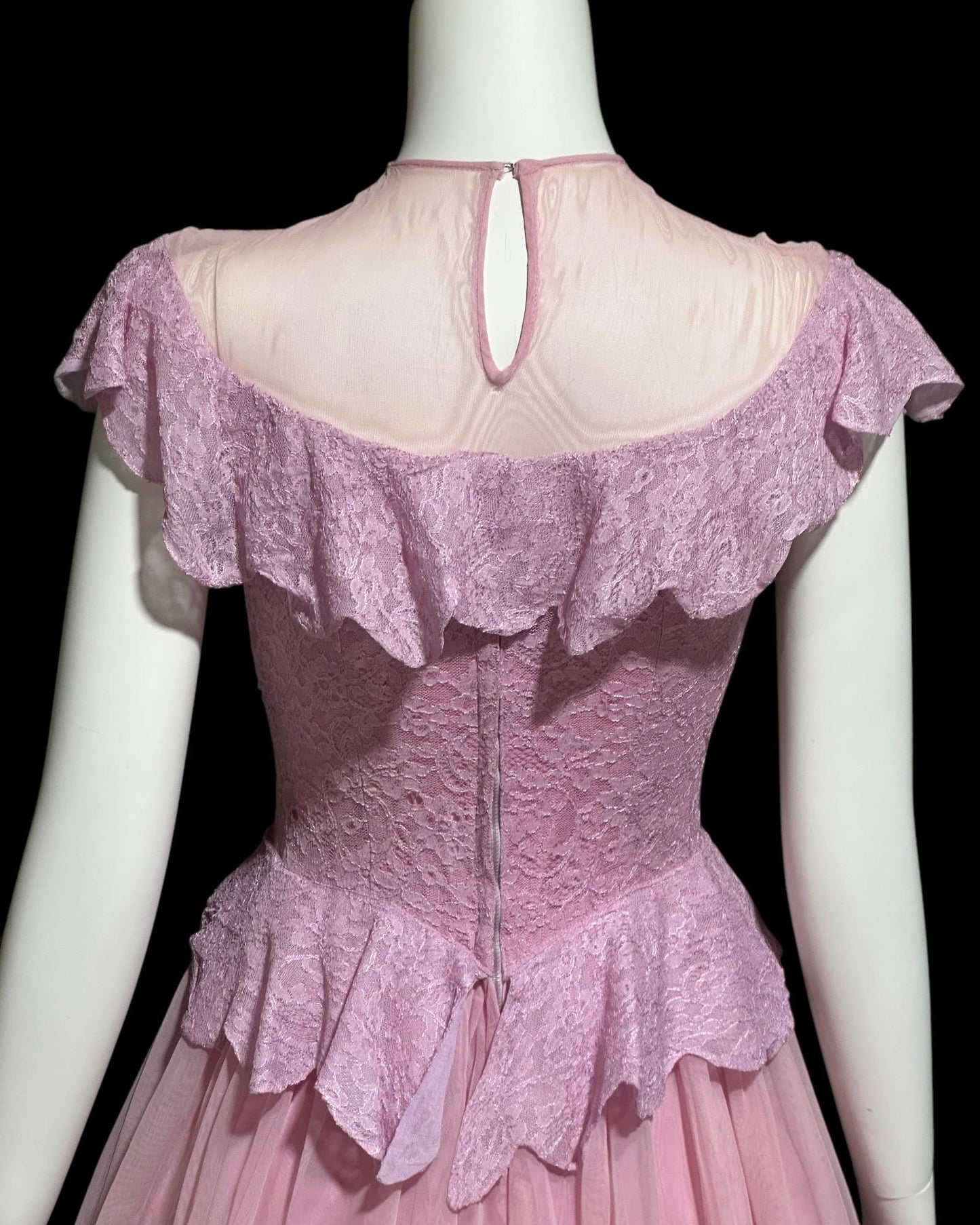 1940s vintage evening gown dress, Orchid purple mesh cupcake prom dress, illusion top with ruffle, peplum circle skirt