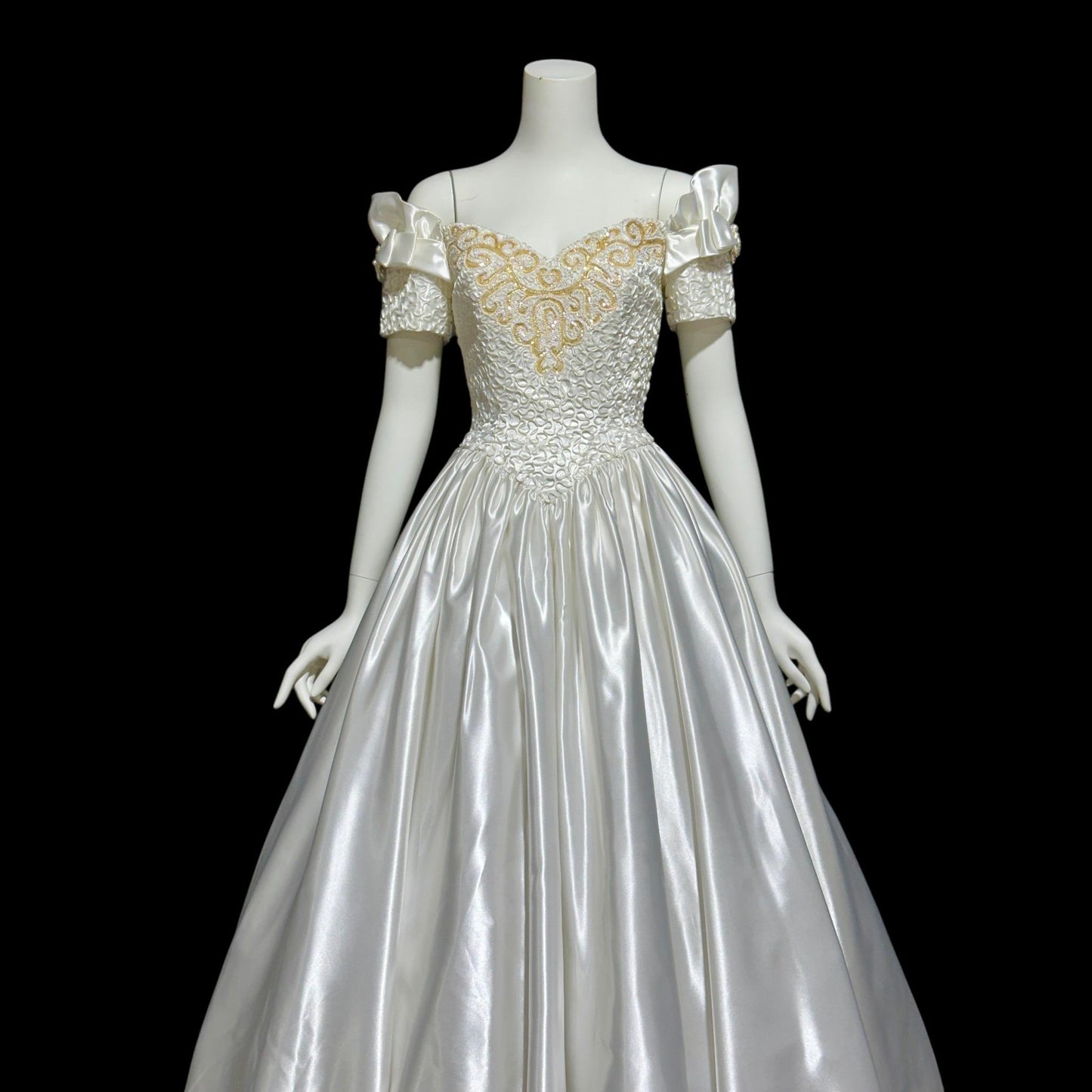 MIKE BENET, vintage 1980s evening dress, shiny white satin sequins prom wedding ball gown