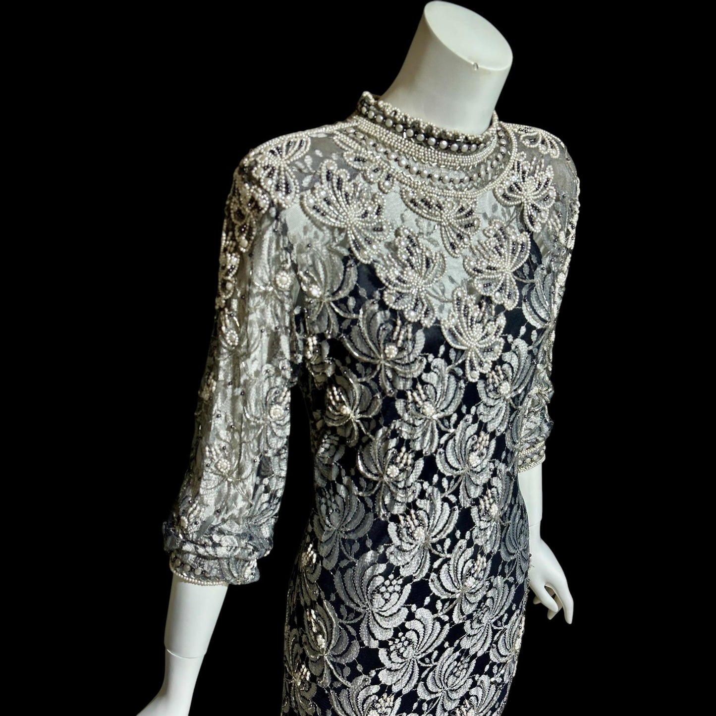 JUDITH ANN, Vintage 1980s sheer beaded dress, Black sheer mesh with beads, Hight neck with ruffle sheath cocktail party dress