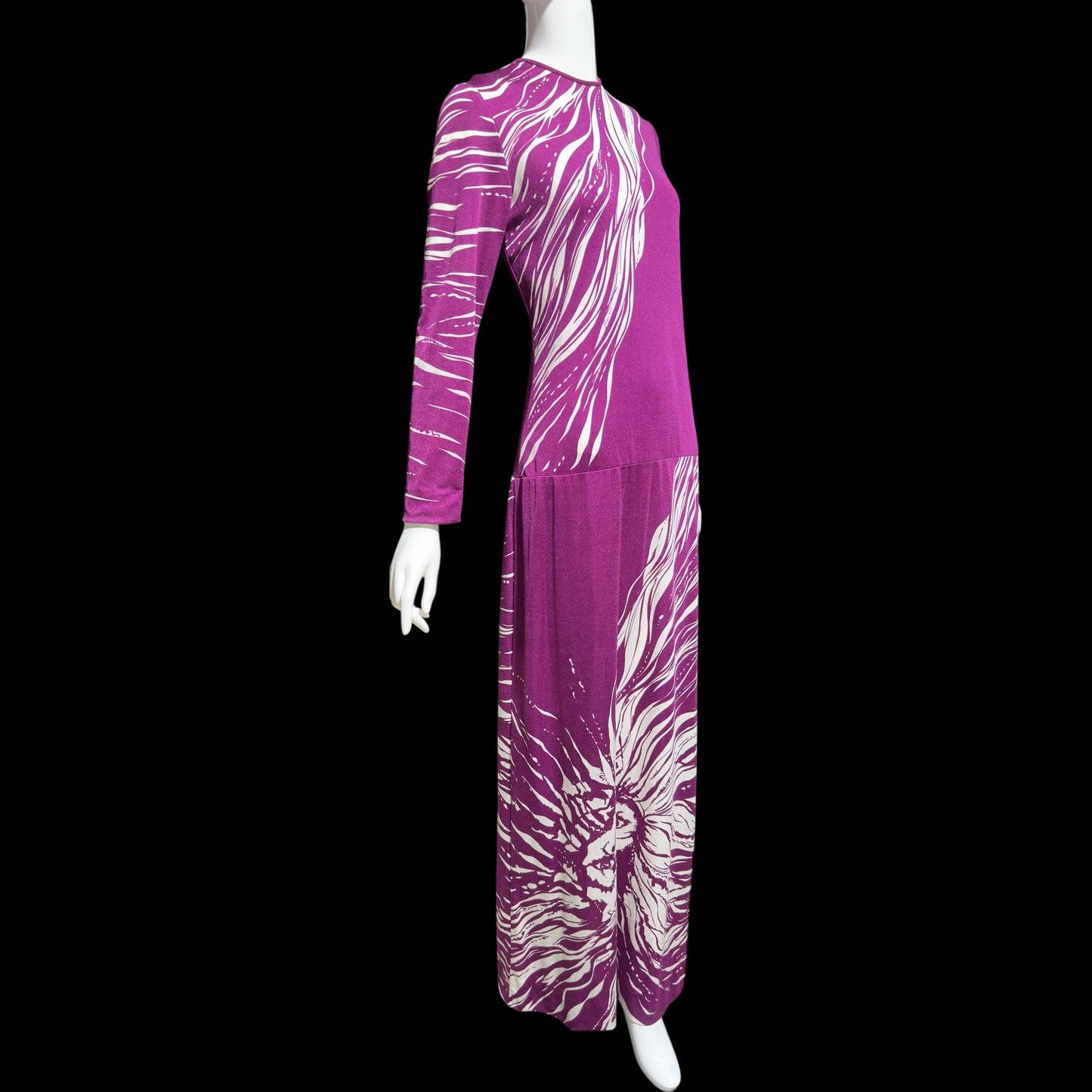 PAGANNE GENE BERK, vintage 1970s Maxi Dress, Purple white Lion face jersey knit evening dress, Stretchy, medium large