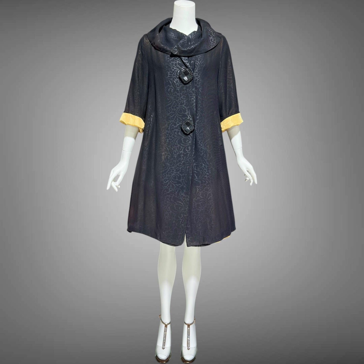 1930s vintage evening swing coat, black swing opera coat duster with satin lining