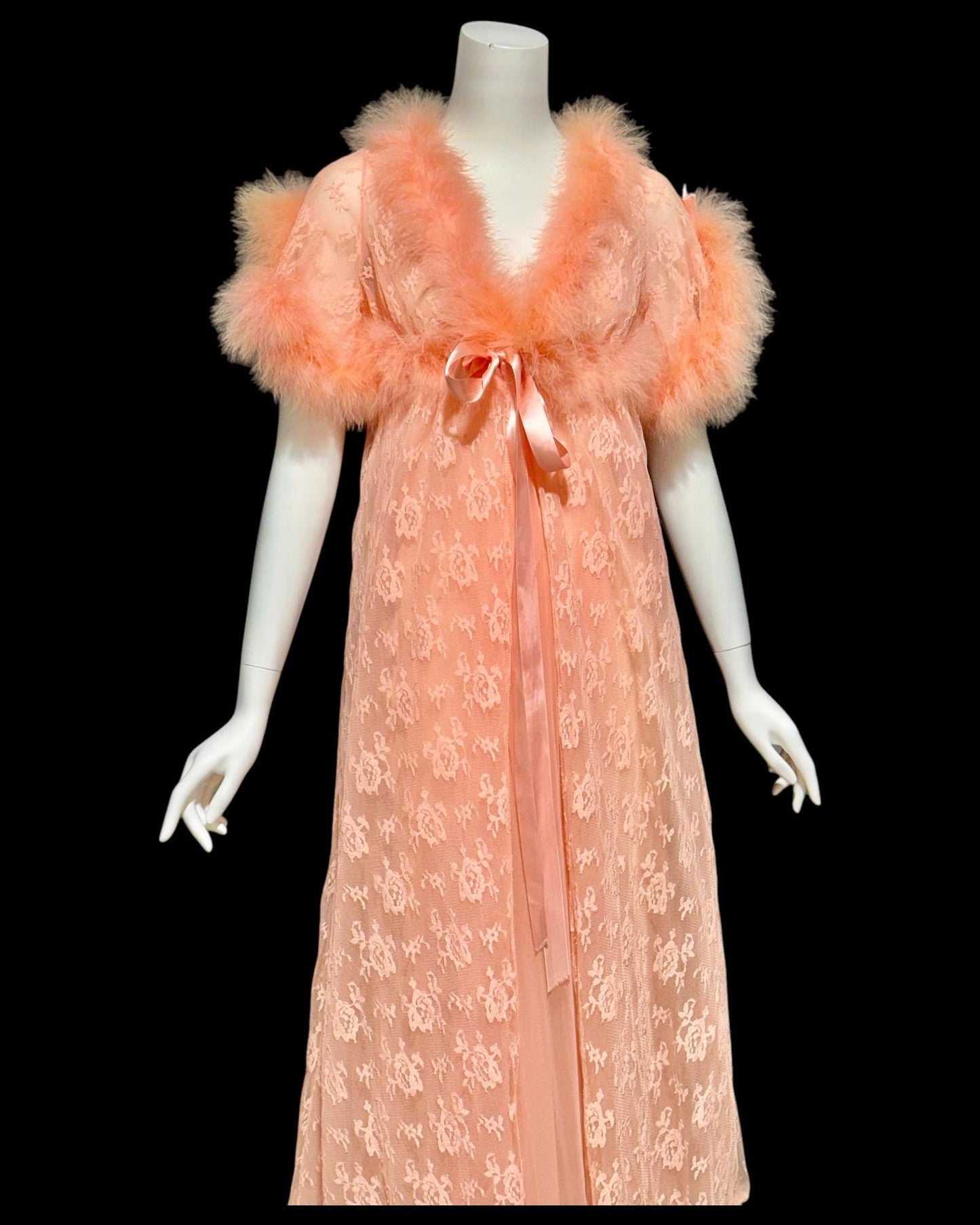 JENELLE vintage nightgown robe set, 1960s Orange Sherbet double layer chiffon peignoir set, Marabou feathers