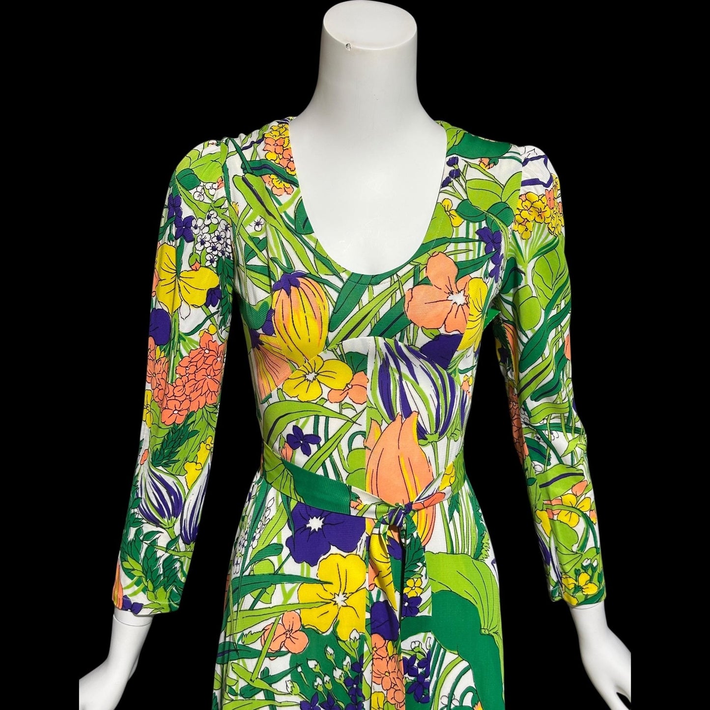THE COMPANY, vintage 1970s maxi dress, slinky psychedelic floral print dress, long sleeve op art garden party day dress