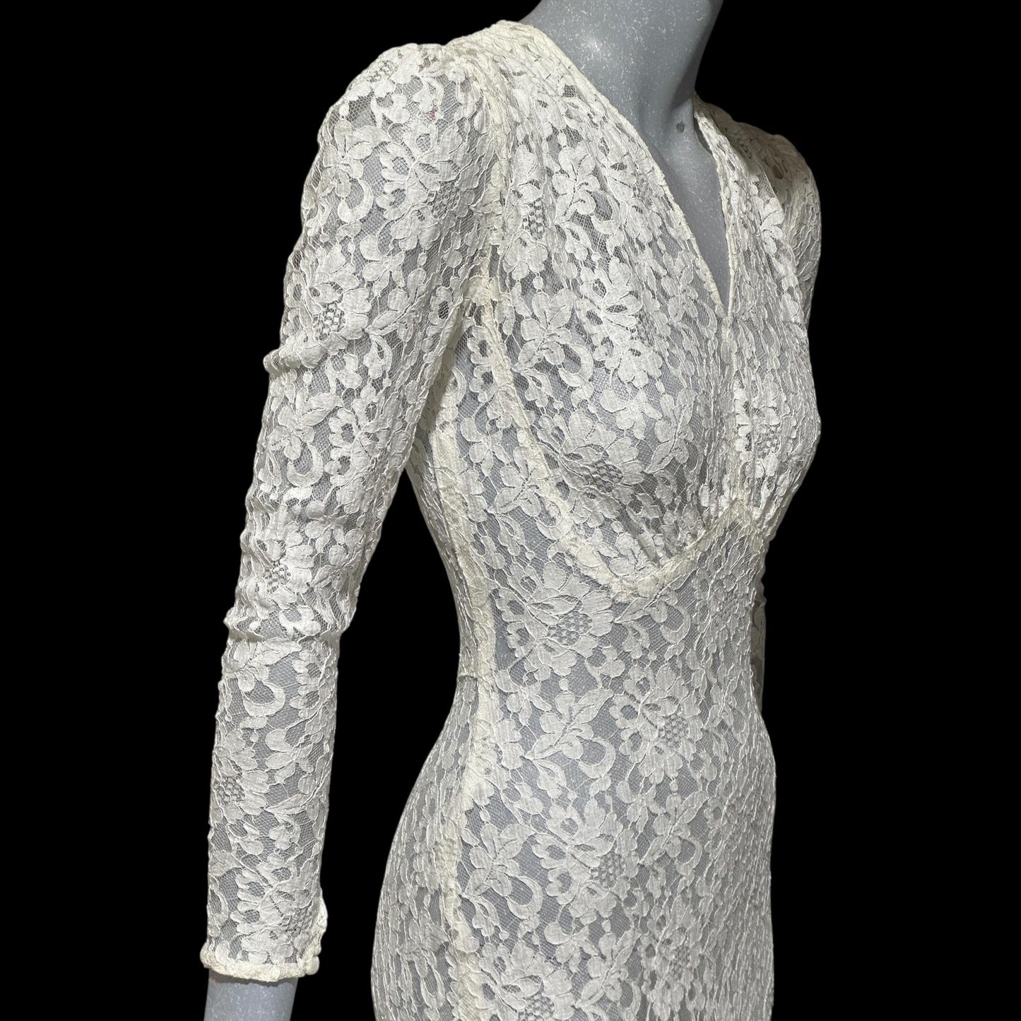 1940s vintage wedding bridal dress, white see through lace sheath full length gown