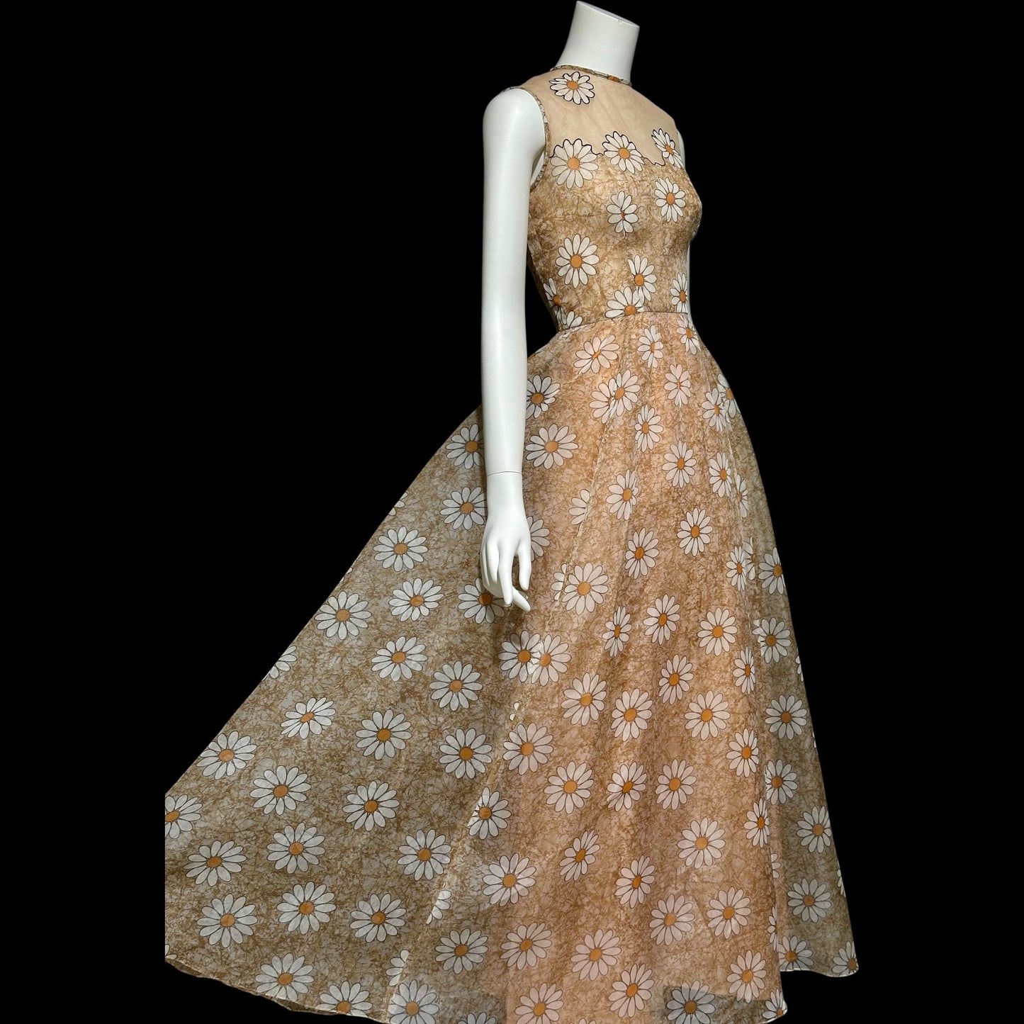 LILLI DIAMOND vintage 1960s evening dress gown, Daisy floral voile maxi dress, illusion neckline