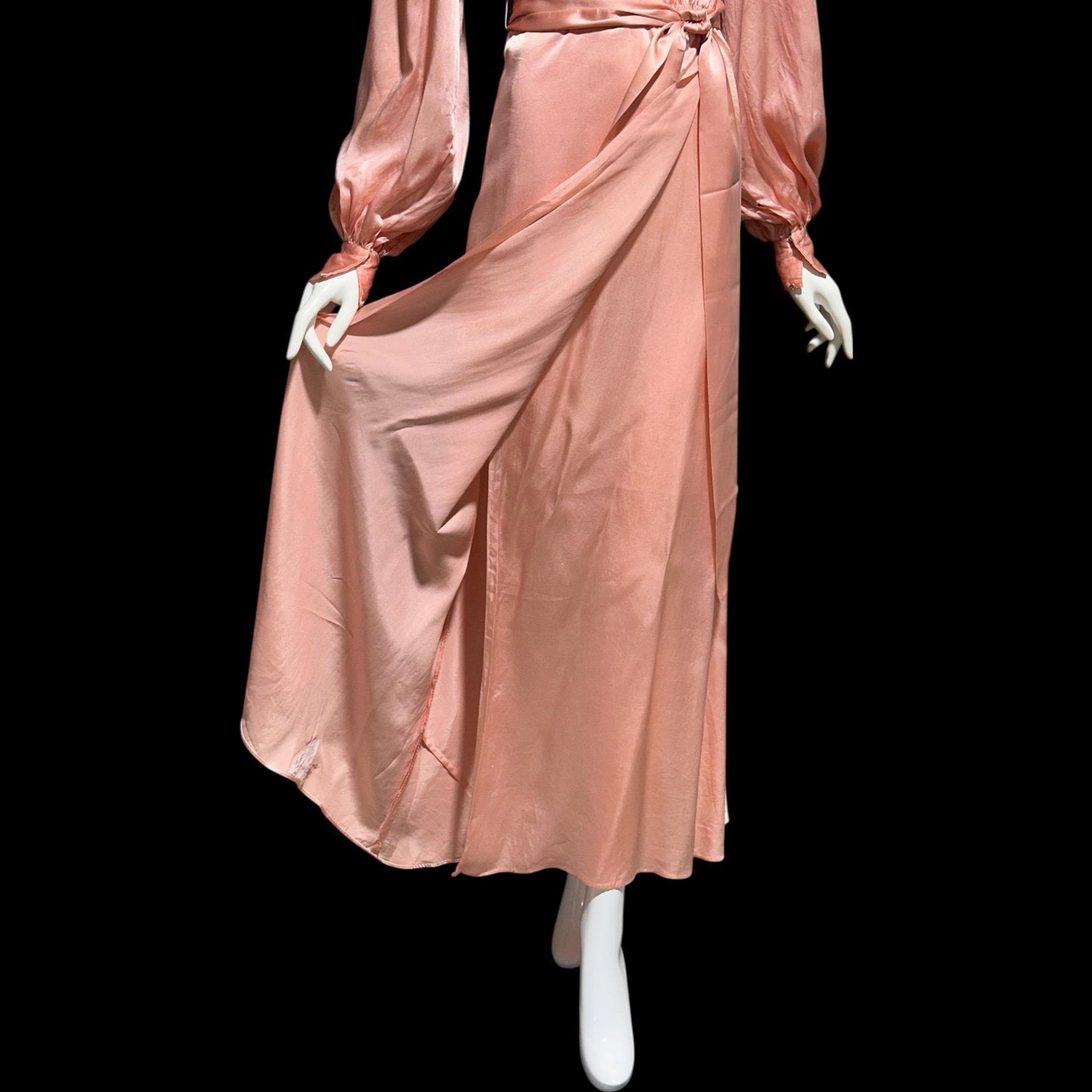 1930s vintage dressing gown robe, Shimmering Peachy pink silk with amazing lace, wrap front house coat loungewear