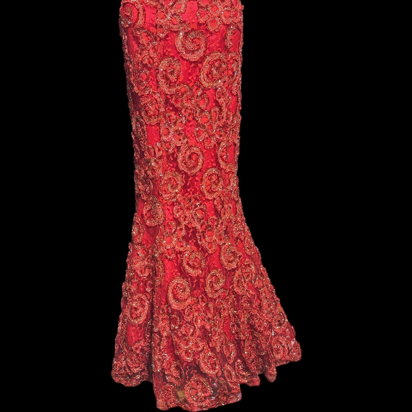 ALYCE DESIGNS, vintage 1980s evening dress, cherry red strapless sheath mermaid gown, bodycon and eyelash lace