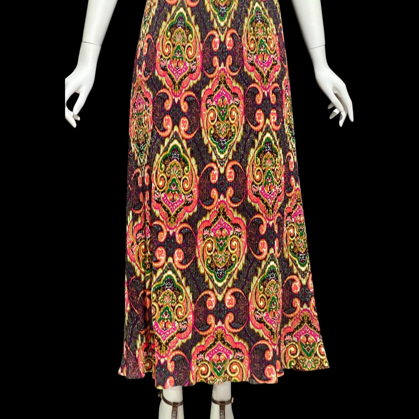 FRED ROTHECHILD, vintage 1970s maxi dress, micro pleated skirt, neon op art paisley, casual day hippie boho dress