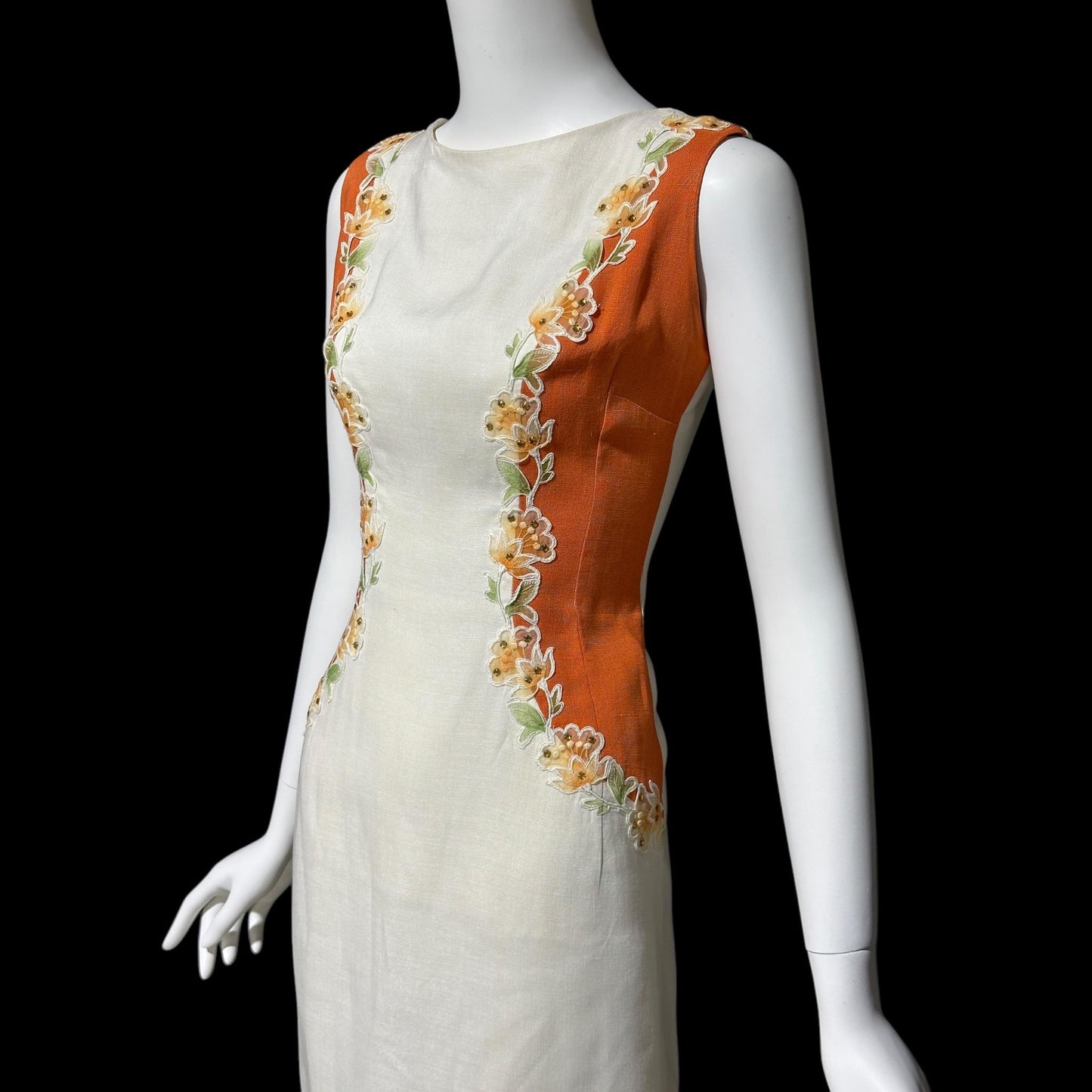 CHARLES WARNER, vintage 1960s Linen day dress, organza floral trim, Cocktail luncheon dress