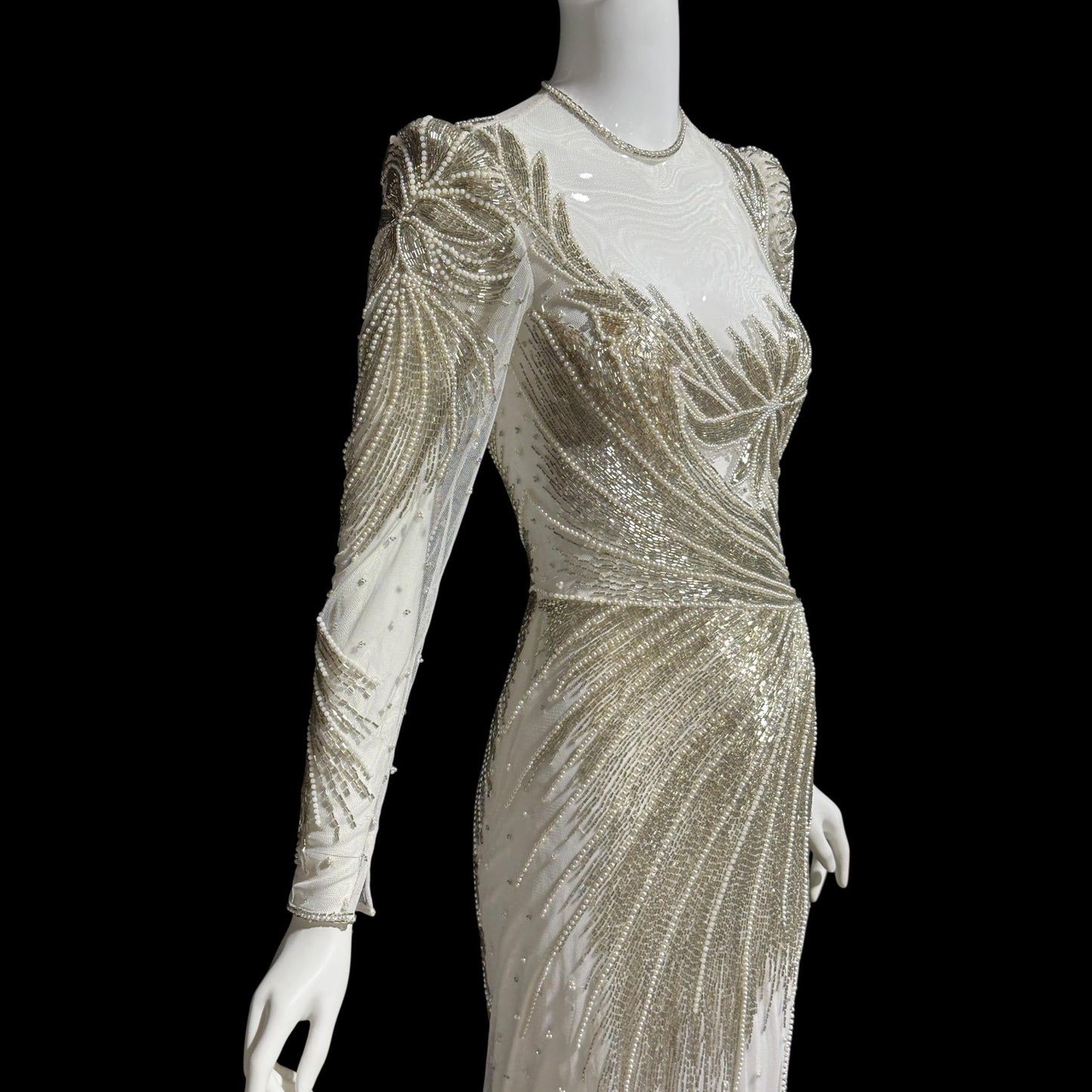 CARLOTA ALFARO, vintage 1970s evening gown dress, White mesh with silver and white beads sheath dress