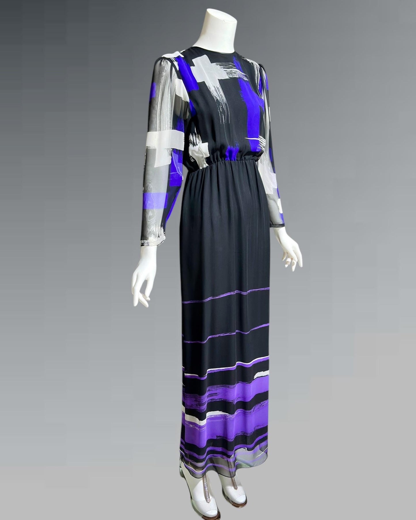 HANAE MORI for MARTHA Palm Beach, vintage 1970s chiffon gown, black and purple sheer blouson