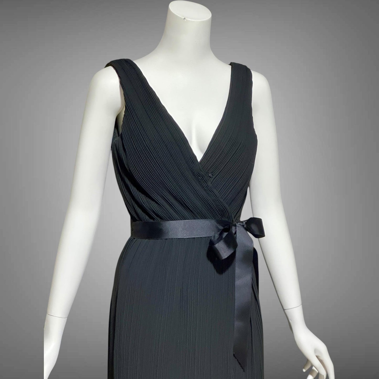 MARSHALL ROUSSO Las Vegas, vintage 1970s evening dress, black pleated plisse wrap front grecian goddess gown