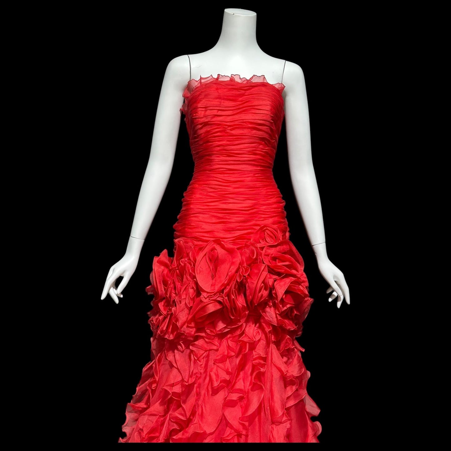 BELLVILLE SASSOON Lorcan Mullany, vintage 1980s evening dress, Red mermaid sheath gown, strapless tiered ruffles with matching bolero