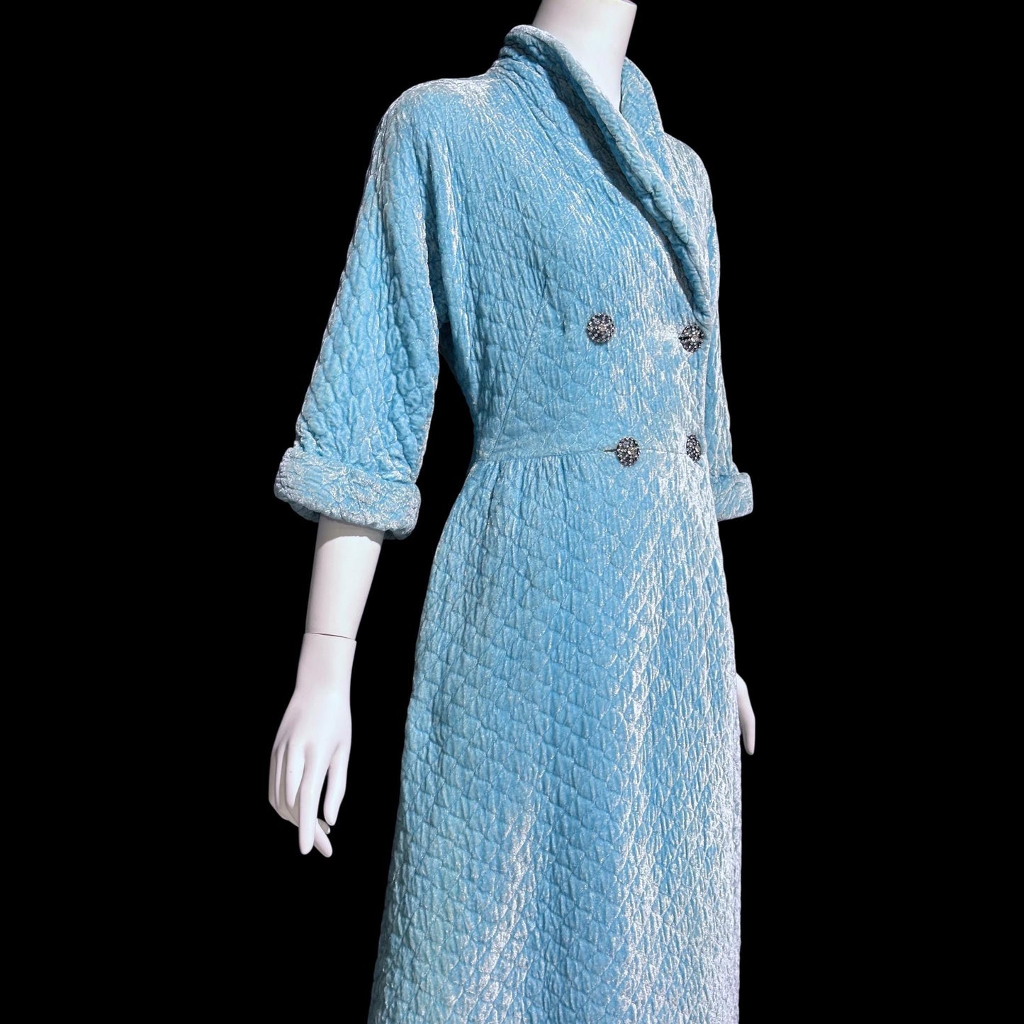 B COHEN ORIGINAL, vintage 1940s dressing gown robe, quilted robin's egg blue double breasted wrap front housecoat