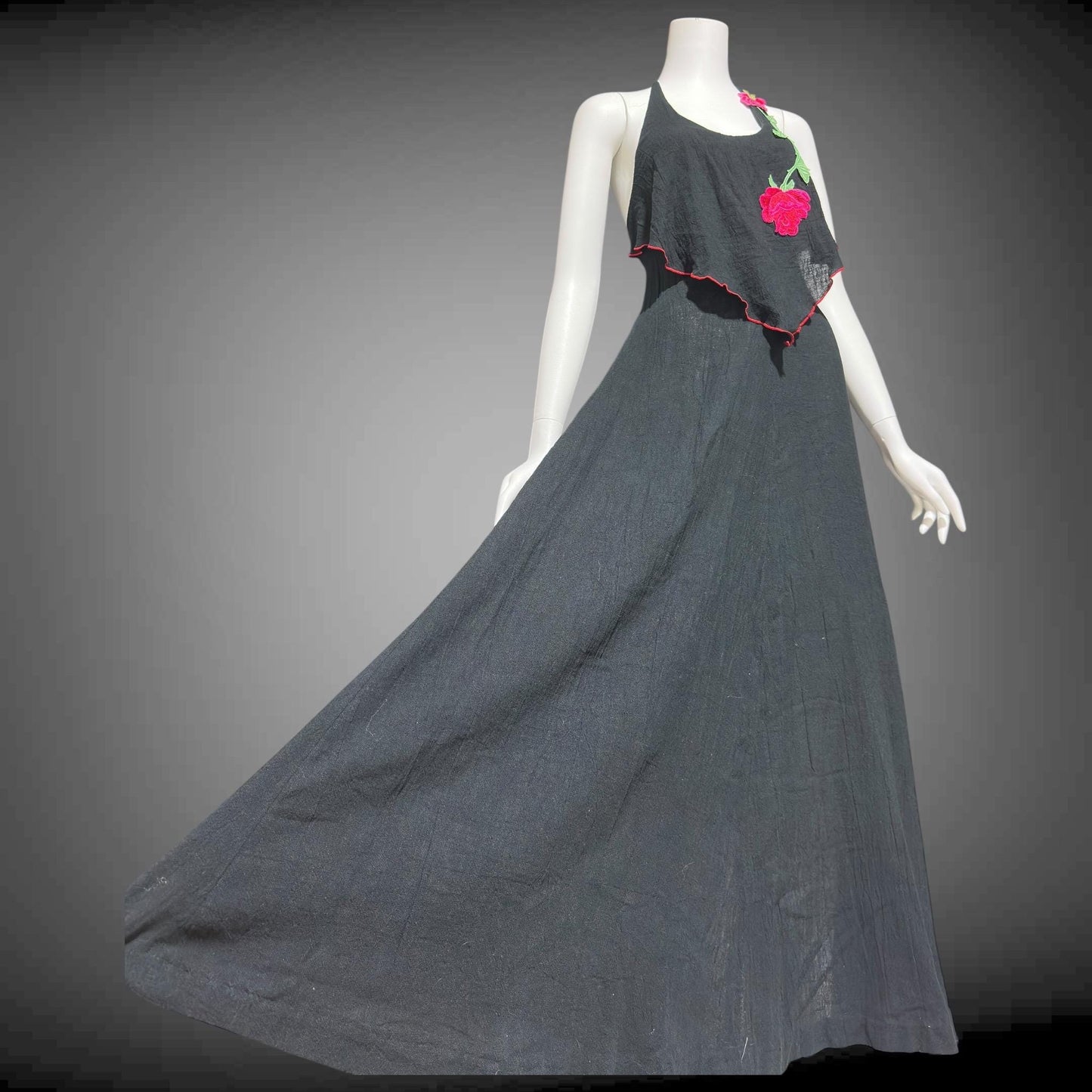 YOUNG EDWARDIAN by ARPEJA, vintage 1970s black crinkle cotton gauze maxi dress