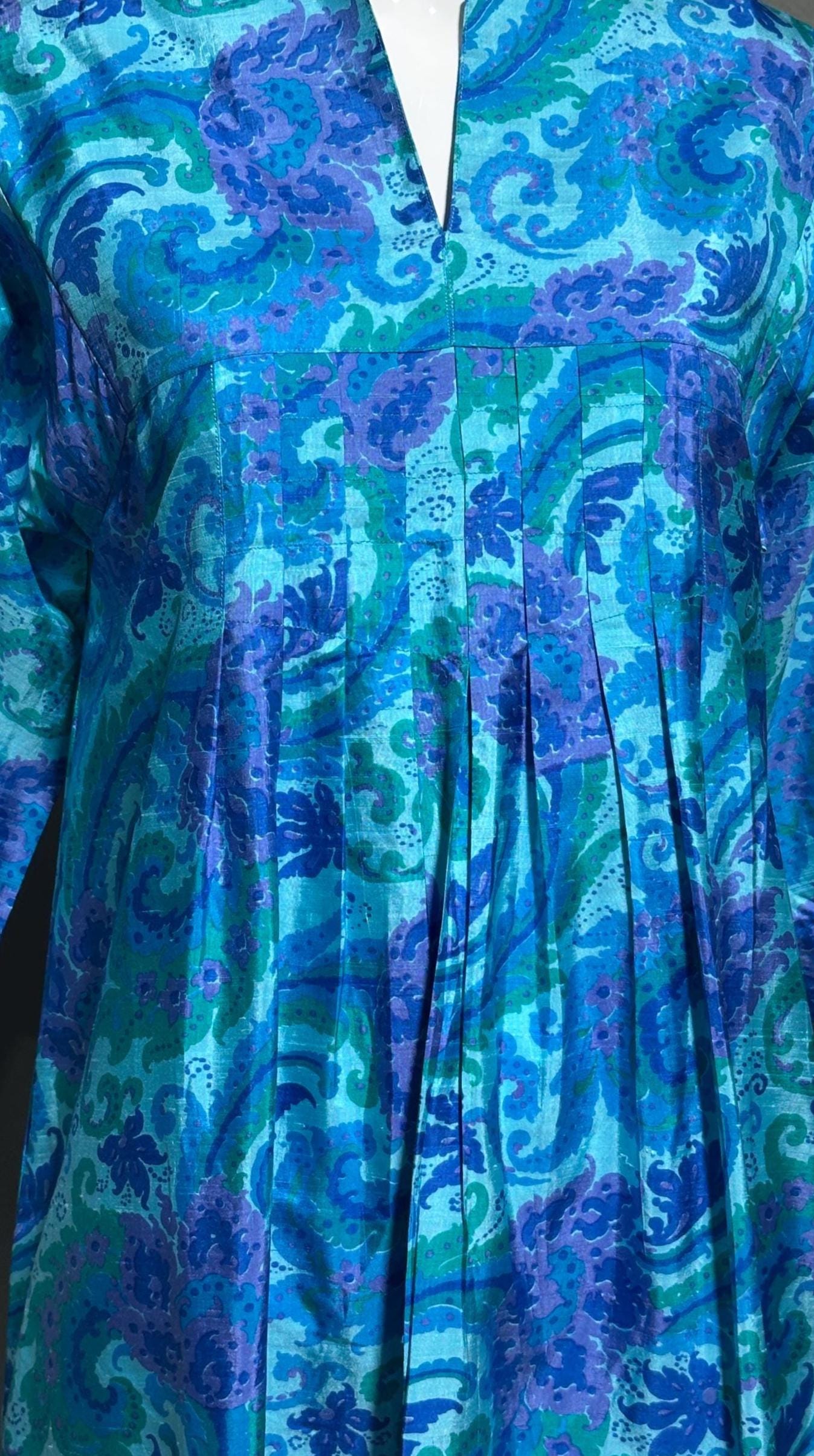1970s vintage Thai Silk Caftan dress, JIM THOMPSON? blue and purple silk paisley Hippie Boho Dress