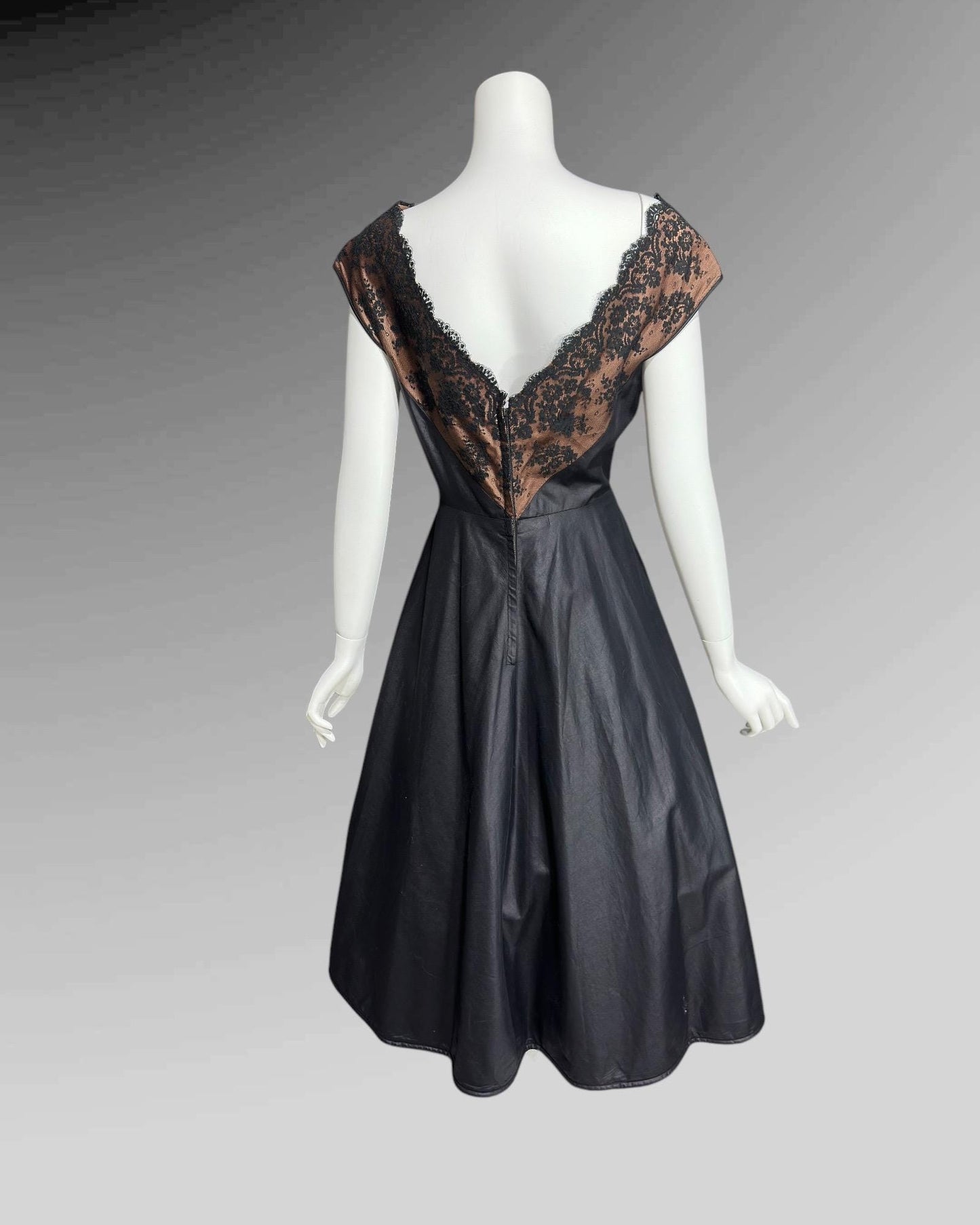 DOROTHY O'HARA, vintage 1950s dress, Black polished cotton and lace fit and flare cocktail party evening dress