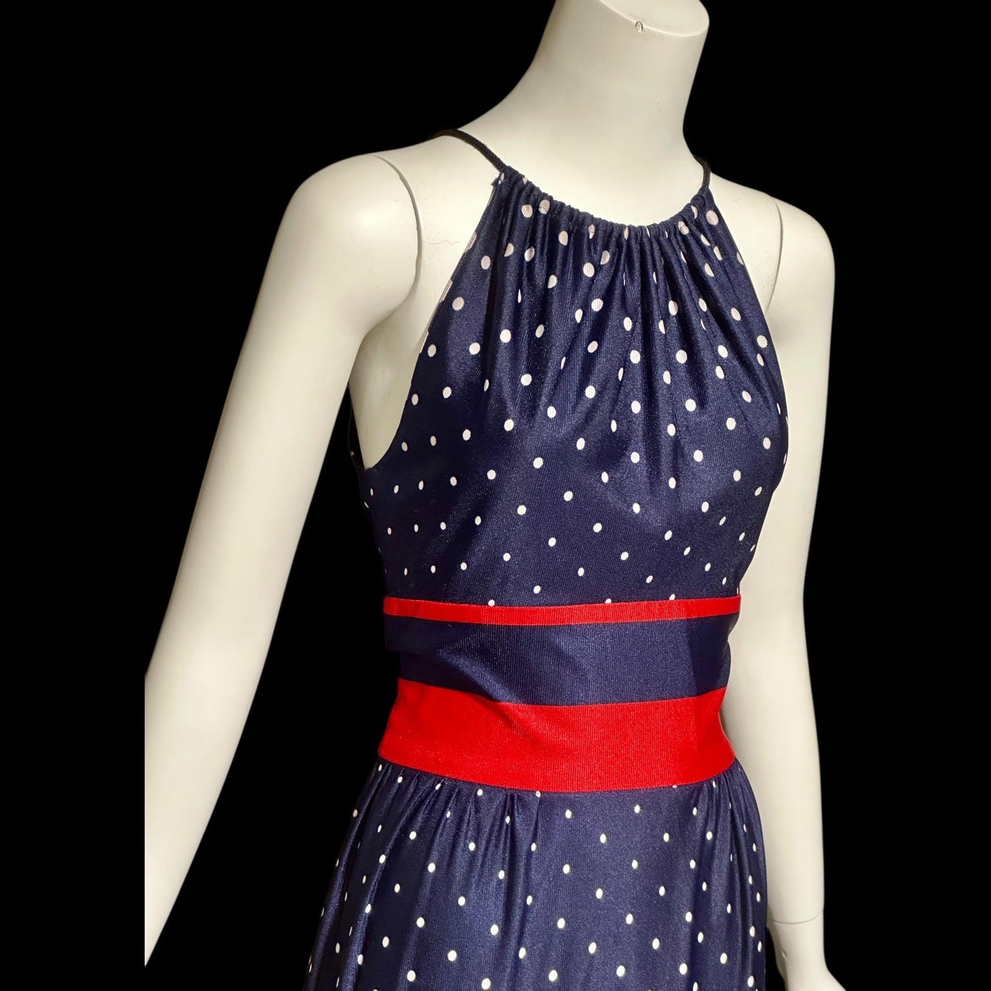 1970s vintage maxi dress, Navy blue and white polka dots, red stripes, halter casual summer party long 4th of July sundress