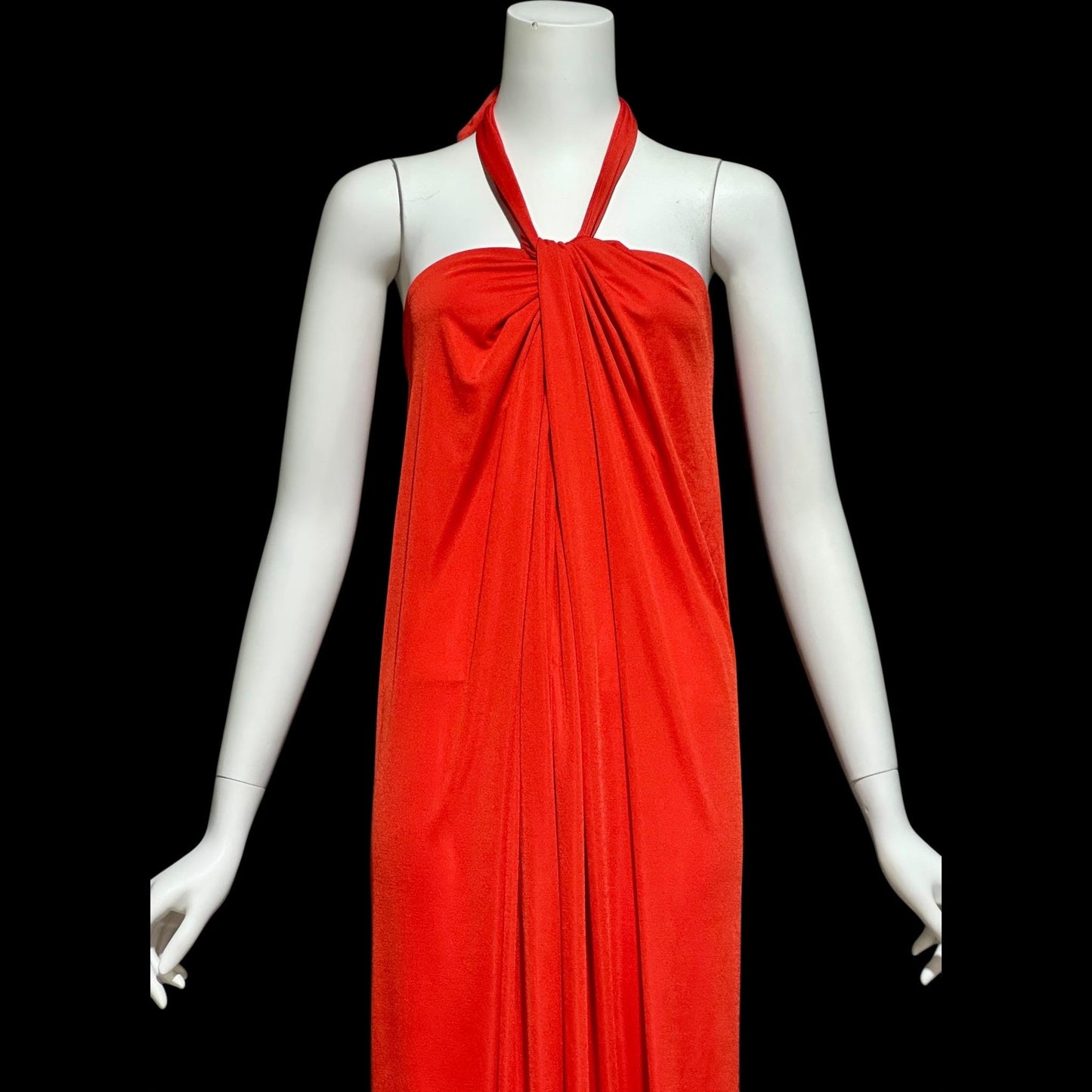 VICTOR COSTA vintage 1970s evening dress, vibrant red jersey knit goddess gown