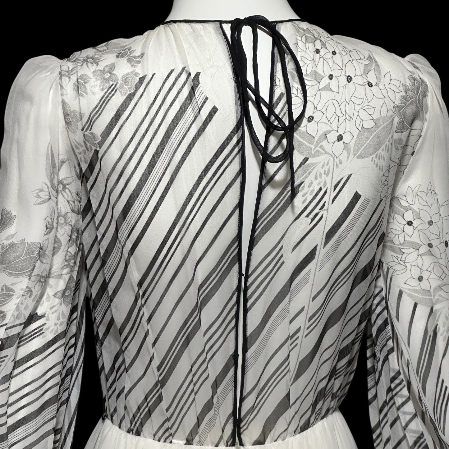 MOLLIE PARNIS by Morty Sussman, vintage 1970s evening dress, chiffon black and white floral poly chiffon gown