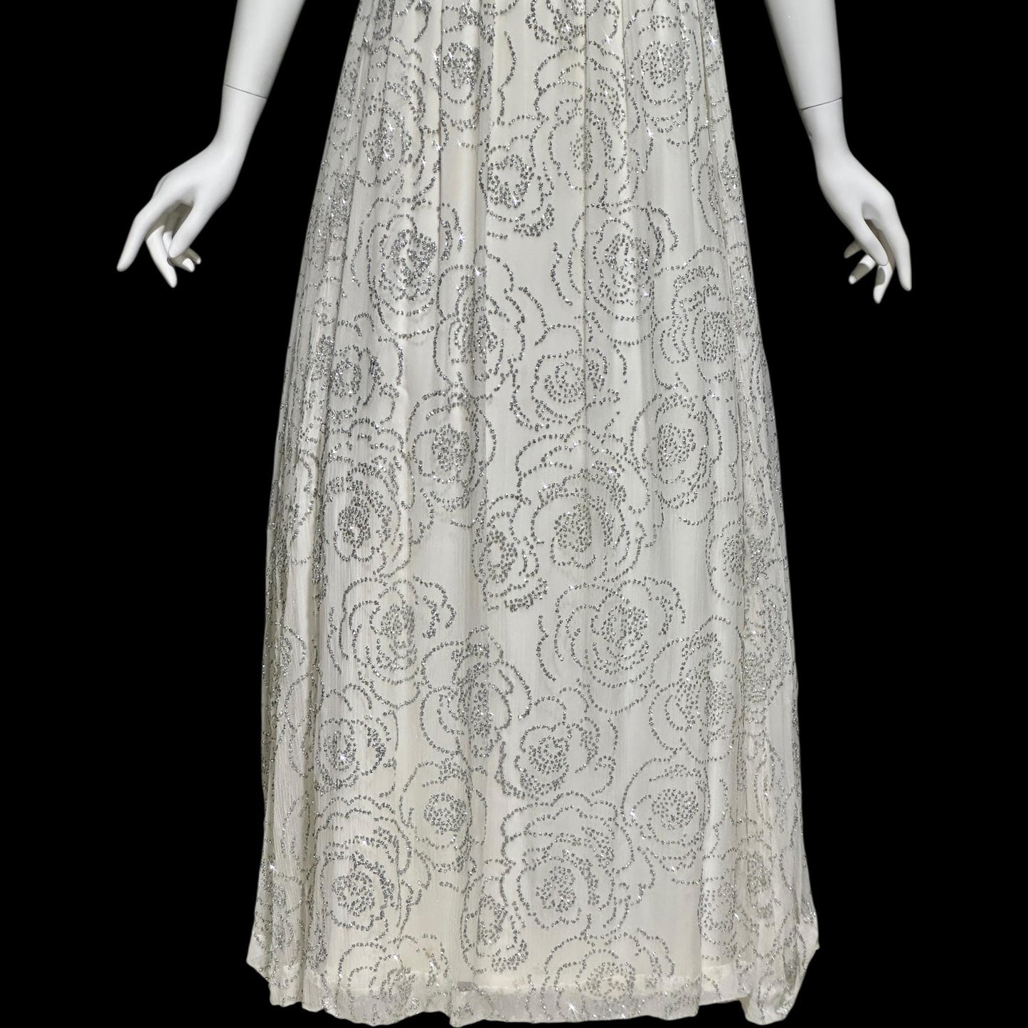 1960s vintage evening dress gown, white chiffon with sparkly silver rose sequins wedding bridal gown