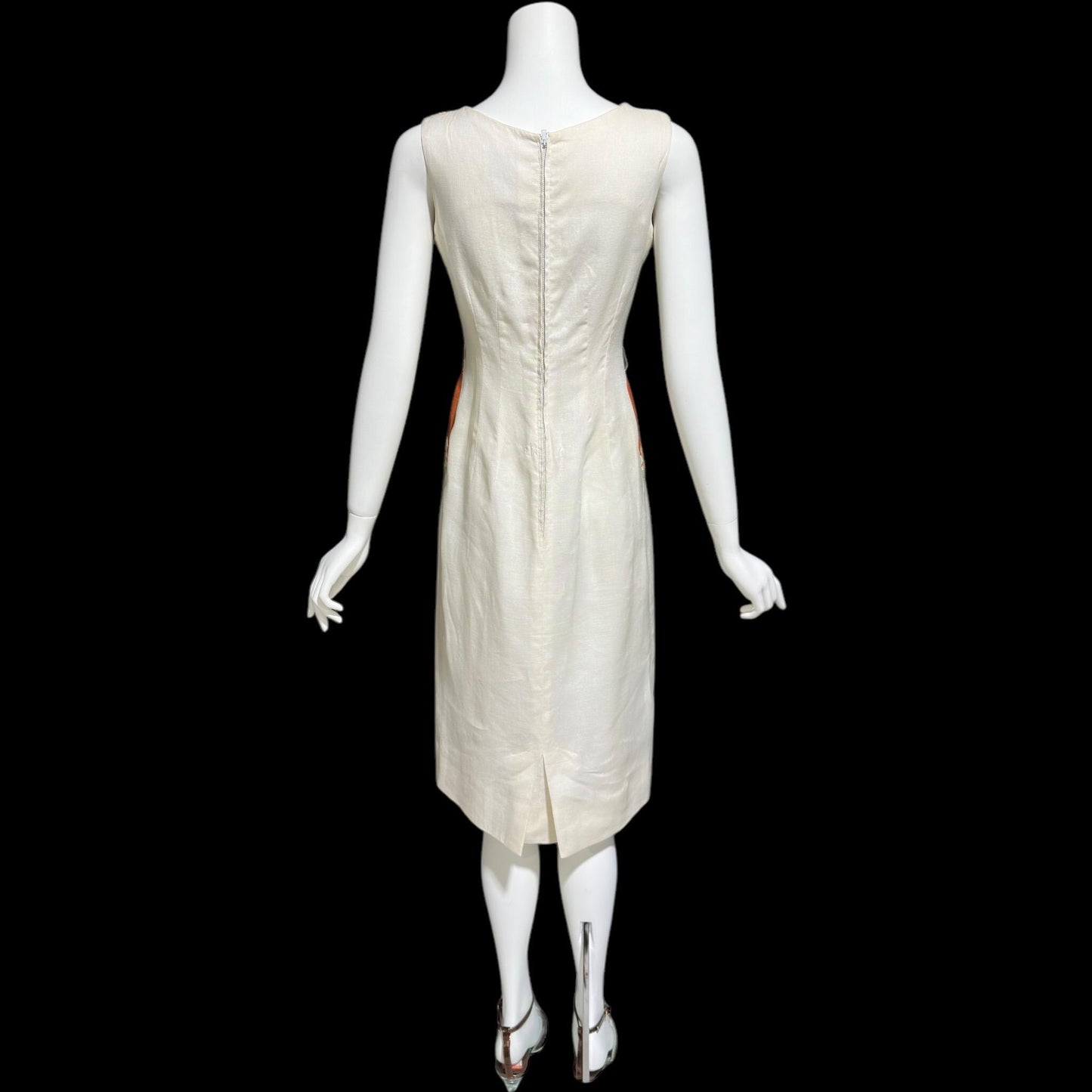 CHARLES WARNER, vintage 1960s Linen day dress, organza floral trim, Cocktail luncheon dress