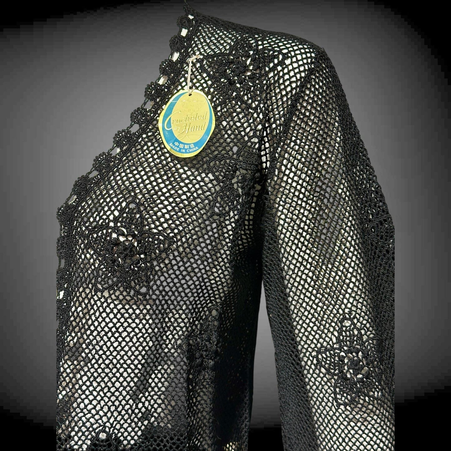 1950s vintage crochet cardigan, black 100% cotton Hand Made Shanghai cropped sweater
