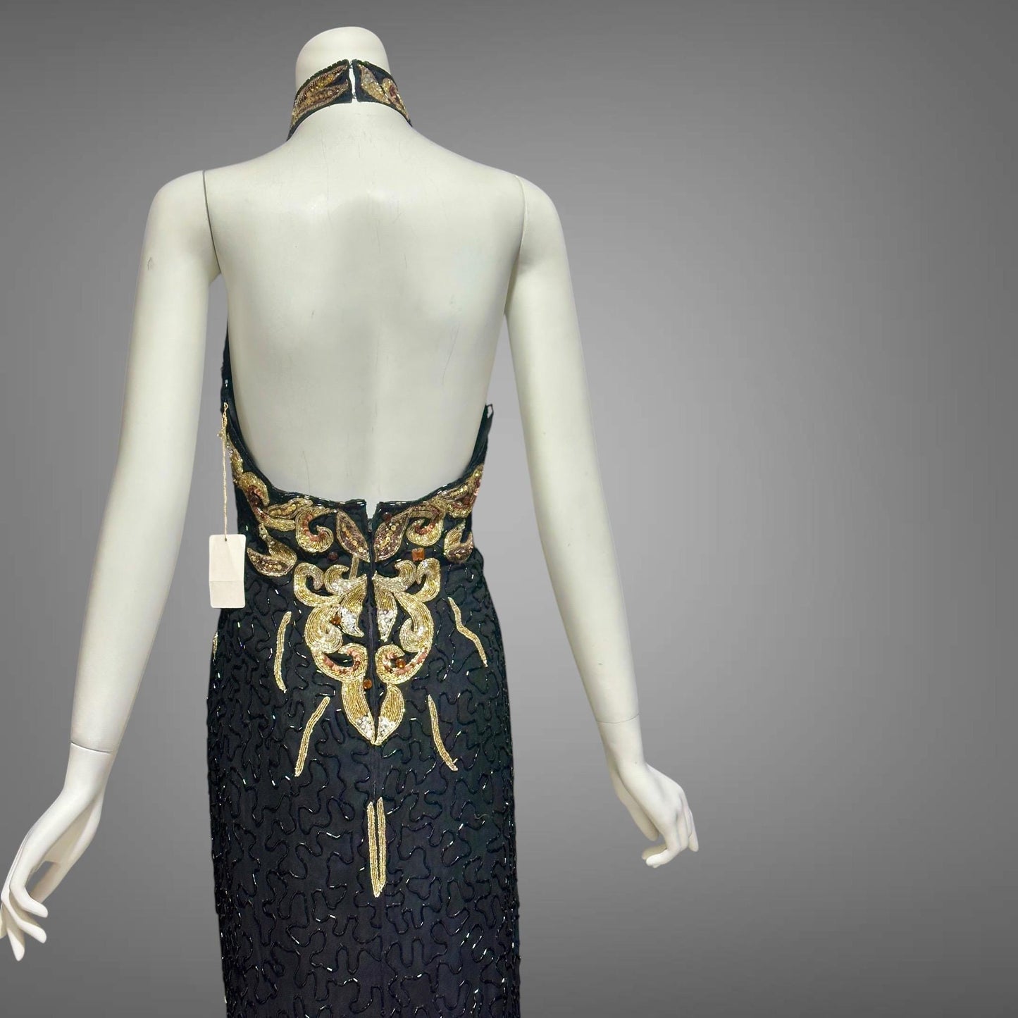 J REYNOLDS DESIGNS, vintage 1990s evening gown, Deadstock Black Beaded Halter Prom slip dress