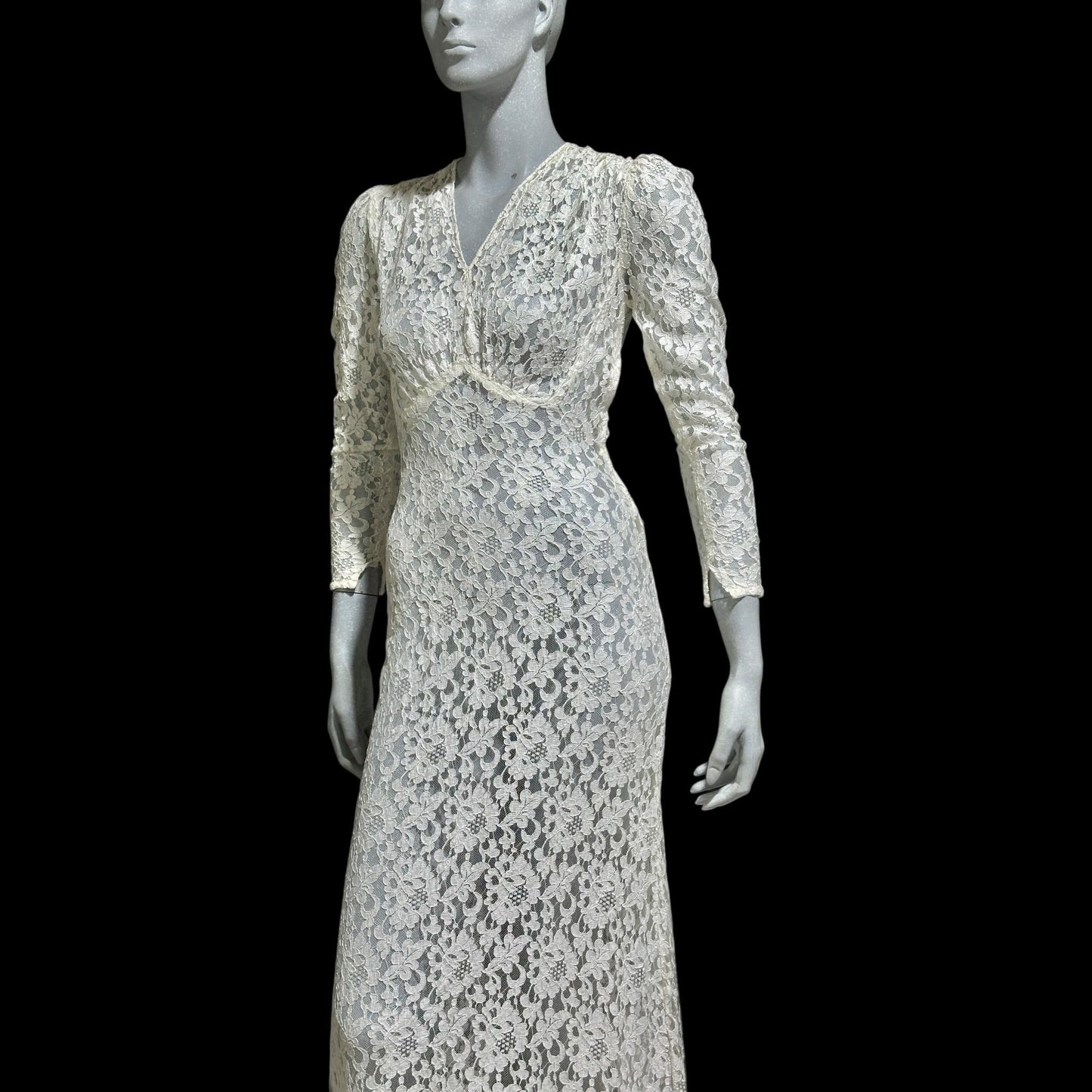 1940s vintage wedding bridal dress, white see through lace sheath full length gown