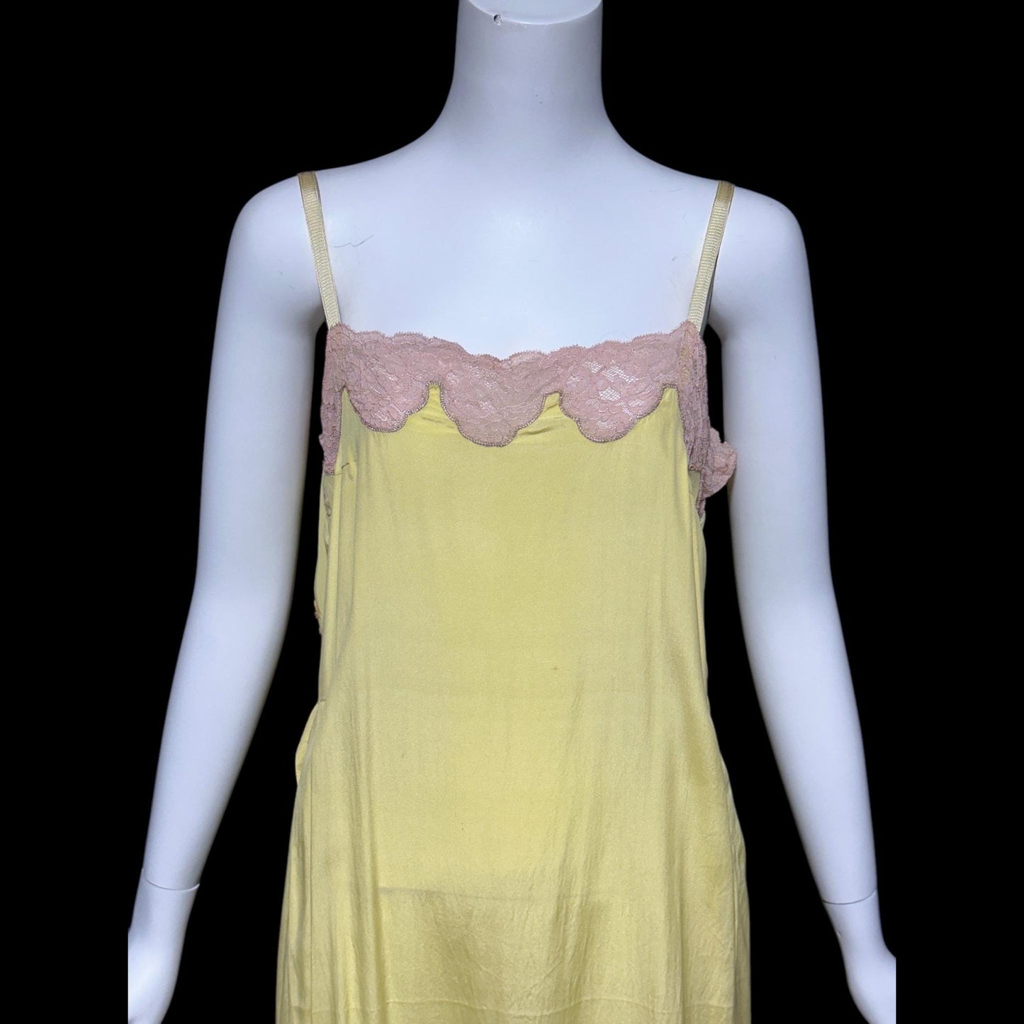 1920s vintage nightgown slip dress, canary yellow silk and pink lace shift dress