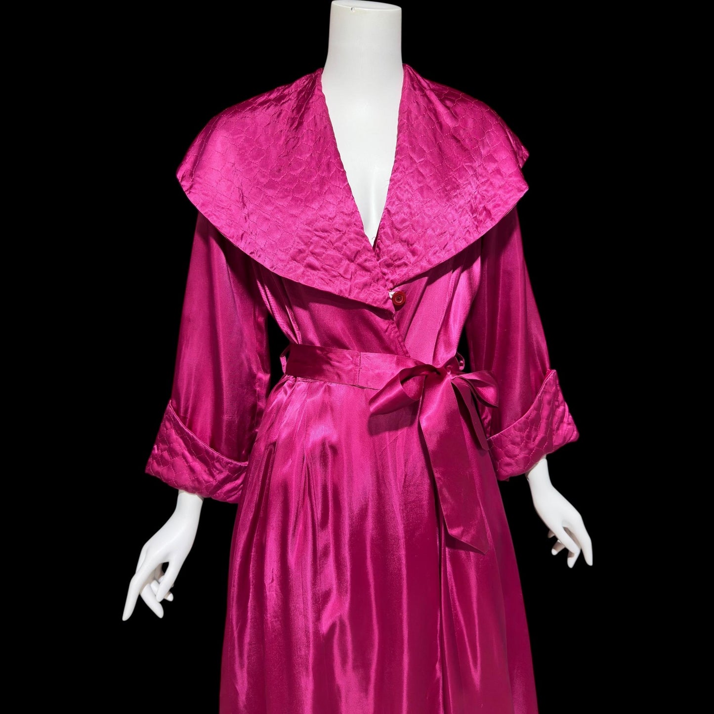 GLORIA NEW YORK, vintage 1940s dressing gown robe, Magenta slipper satin huge collar wrap front housecoat